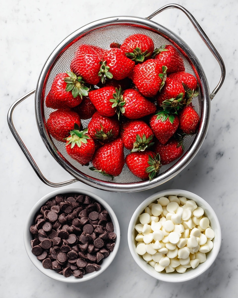 A top view of a metal strainer filled with bright red strawberries with green leaves, placed on a white marbled surface. Below the strainer, there are two white bowls: one filled with small dark chocolate chips that are glossy and round, and the other filled with white chocolate chips, also small and round, arranged neatly side by side. The image is clean and bright with clear colors and textures, showing freshness and simplicity. photo taken with an iphone --ar 4:5 --v 7