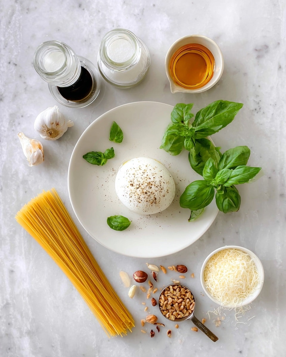 The image shows a food arrangement on a white marbled surface with a round white plate in the center holding a single white burrata cheese topped with a light sprinkle of black pepper. Around the plate, there are fresh bright green basil leaves positioned at the top right and bottom left. A bundle of yellow uncooked spaghetti rests on the right side. To the top left, two clear glass containers with black and white contents sit beside a small white jug filled with amber-colored oil. Near the bottom right, a small white bowl is filled with grated cheese, and next to it is a measuring cup holding mixed brown nuts and seeds, with some scattered outside. A small clove of garlic lies nearby. The overall look is clean and fresh with natural colors photo taken with an iphone --ar 4:5 --v 7