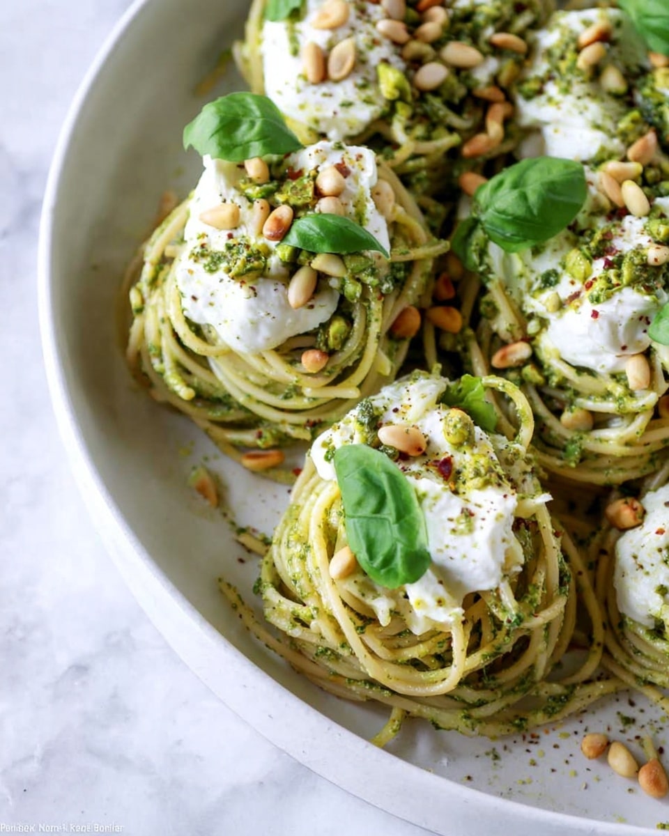 The image shows a white bowl filled with nests of spaghetti pasta coated in a green pesto sauce with herbs and pine nuts scattered throughout. On top of each pasta nest, there are white dollops of creamy ricotta cheese, each topped with bright green basil leaves and additional pine nuts. The pasta and toppings rest on a white marbled surface, adding a clean and fresh look to the dish. Photo taken with an iphone --ar 4:5 --v 7