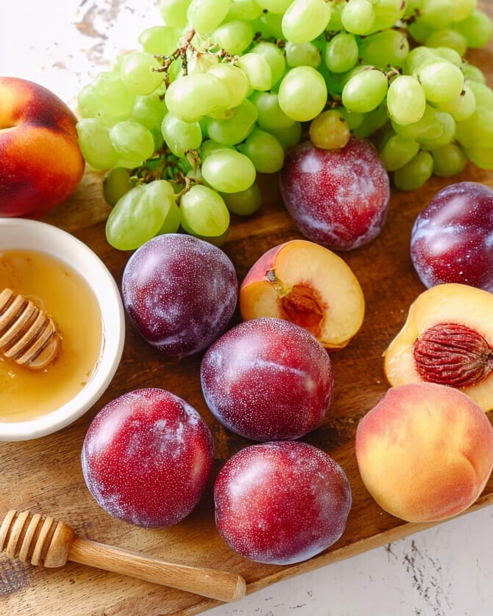 The image shows a wooden board with an arrangement of fresh fruits and a small white bowl of honey with a wooden honey dipper resting beside it. On the board, there are two peaches placed on the lower right side, round red-purple plums with a slightly dusty texture in the center, and clusters of green grapes scattered around and partially on top of the other fruits. One plum is cut in half, revealing a deep red inside. The background is a white marbled texture. photo taken with an iphone --ar 4:5 --v 7