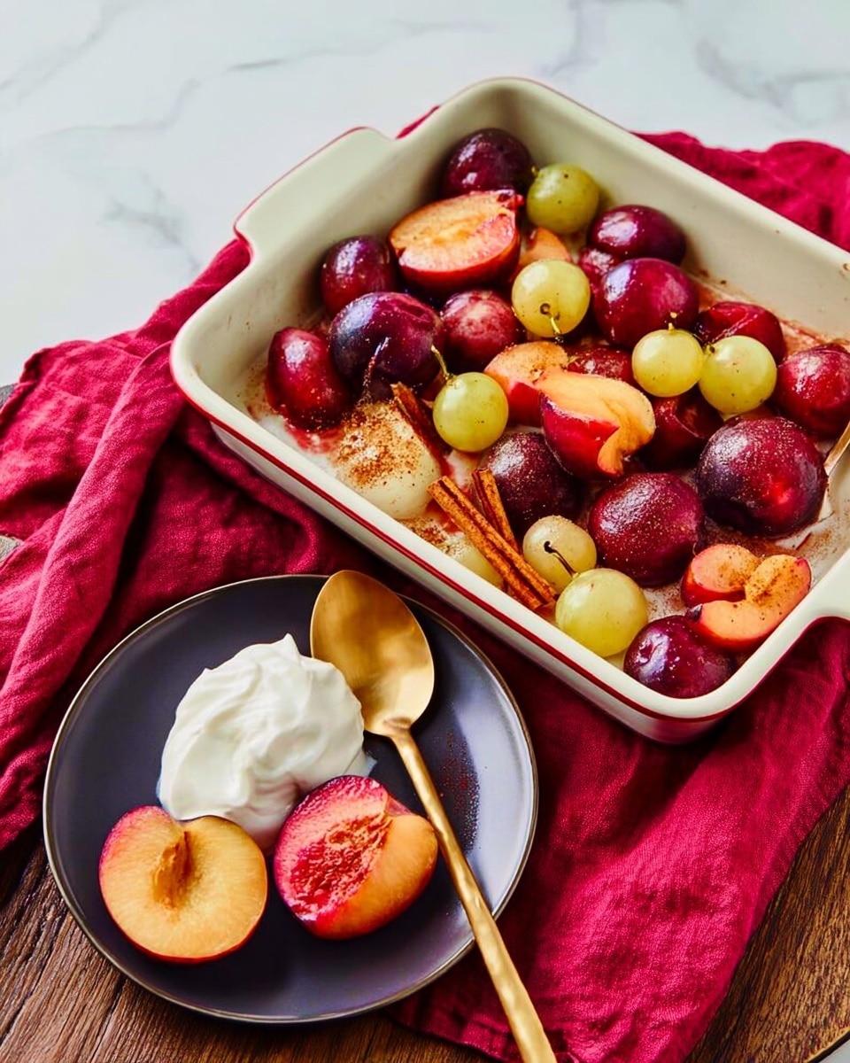 A white baking dish filled with cooked halved dark red plums, yellow grapes still on the vine, and peach halves mixed with cinnamon sticks. Next to the dish on a wooden table with a red cloth is a white plate holding one whole plum half, two peach halves, a small bunch of grapes, and a dollop of white cream or yogurt. A golden spoon rests on the plate’s edge. The colors are warm with deep reds, soft yellows, and creamy white against the white dish and plate on a white marbled surface. photo taken with an iphone --ar 4:5 --v 7
