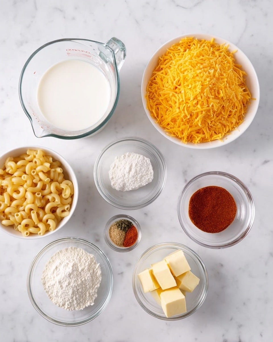 The image shows seven bowls arranged on a white marbled surface, each containing different ingredients for cooking. At the top left is a transparent glass measuring cup filled with white milk. To the right of it is a white bowl full of shredded bright yellow cheddar cheese. Below these, on the left, is a white bowl holding dry elbow macaroni pasta, pale yellow in color. In the middle is a small clear glass bowl of white flour. To the right of the flour is a small clear glass bowl with light yellow butter cubes. Above the butter are two other small clear bowls side by side: one contains a mix of spices including white salt, red paprika, and pale powders, and the other has a reddish-brown liquid sauce. All containers are sharply focused and evenly spaced on the smooth white marbled surface photo taken with an iphone --ar 4:5 --v 7