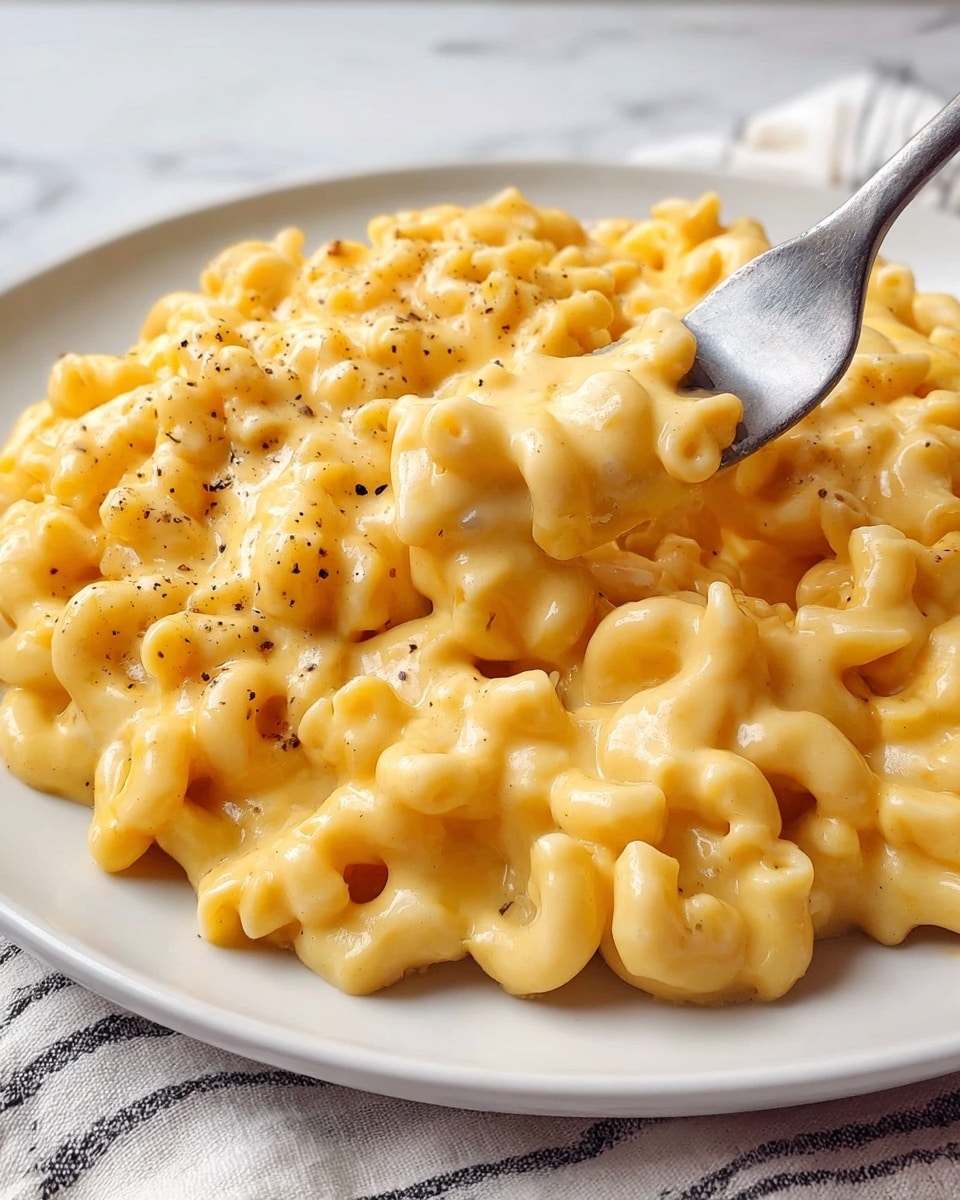 A close-up of a white plate full of macaroni covered in thick, creamy yellow cheese sauce with small black pepper specks on top, a silver fork lifting a portion from the front left side showing the curved pasta coated in sauce, all placed on a white marbled surface with part of a striped cloth visible at the bottom right corner, photo taken with an iphone --ar 4:5 --v 7