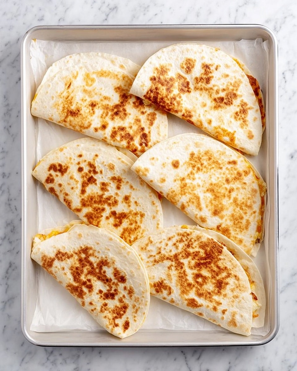 Five folded quesadillas with golden brown spots covering most of their white tortilla surfaces are placed on a white baking tray lined with white parchment paper. The tray sits on a white marbled surface, and the quesadillas are arranged in two rows, three on the top and two on the bottom. Each quesadilla shows a slightly crispy texture with some areas darker than others from cooking. Photo taken with an iphone --ar 4:5 --v 7