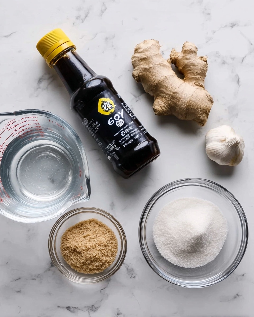 The image shows a top view of a few cooking ingredients placed on a white marbled surface. There is a clear glass measuring cup filled with water at the bottom left. Above it, a black soy sauce bottle with a yellow label is tilted slightly to the right. To the right of the soy sauce, a piece of fresh ginger with light brown skin is lying next to a small clove of garlic. Two clear glass bowls are on the right side, one closer to the top filled with white powder, and the other just below it filled with light brown sugar. The overall look is clean and simple with natural colors. Photo taken with an iphone --ar 4:5 --v 7