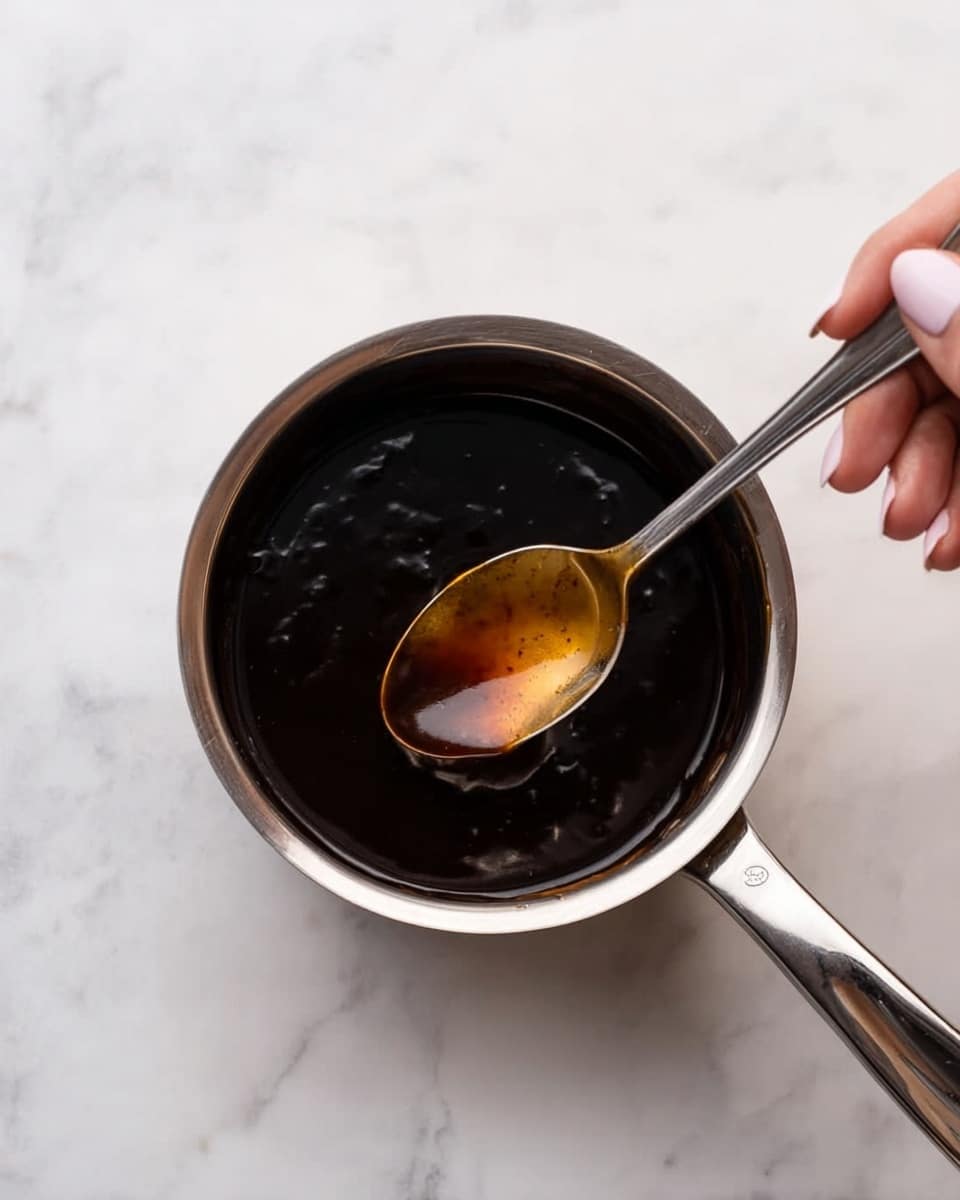A small shiny silver pot on a white marbled surface holds dark, glossy sauce with a smooth texture. A woman's hand with light skin and pale pink nails holds a silver spoon above the pot, with the spoon coated in the thick, amber-brown sauce that contrasts with the dark sauce beneath it. The scene is simple and focused on the pot and spoon. photo taken with an iphone --ar 4:5 --v 7
