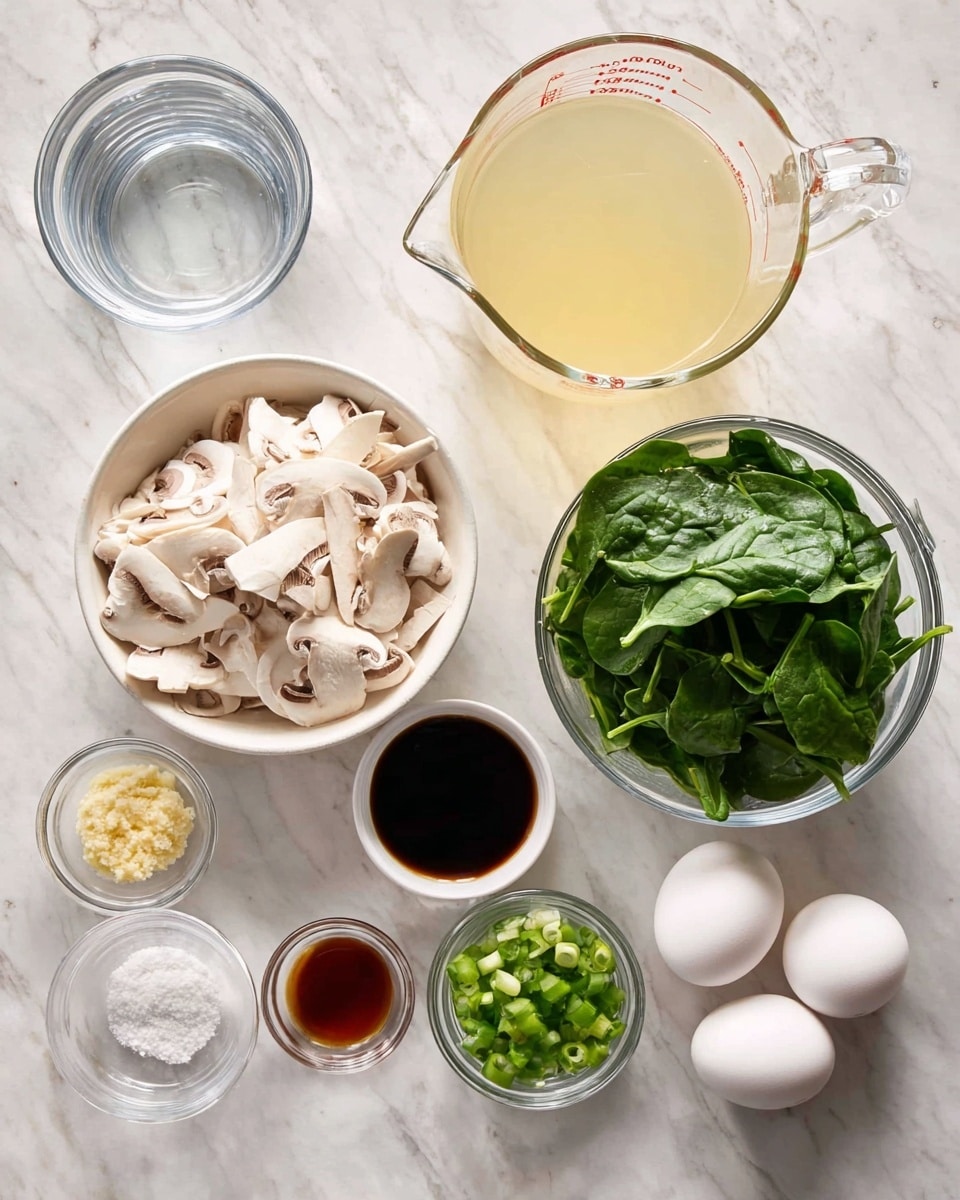 The image shows a white marbled surface with several clear and white bowls arranged neatly. At the center is a white bowl filled with sliced white mushrooms. To the right, a clear bowl holds fresh green spinach leaves. Above the mushrooms is a large clear measuring cup filled with light yellow broth. To the far left, there is a clear measuring cup with water. Below the mushrooms, a small clear bowl contains grated ginger, and another small clear bowl has a white powder, likely cornstarch. Next to these, another small clear bowl holds a dark brown liquid, probably soy sauce. Two white eggs sit side by side near the bottom right, and next to them is a small bowl filled with chopped green onions. The setup is clean and organized, ready for cooking photo taken with an iphone --ar 4:5 --v 7