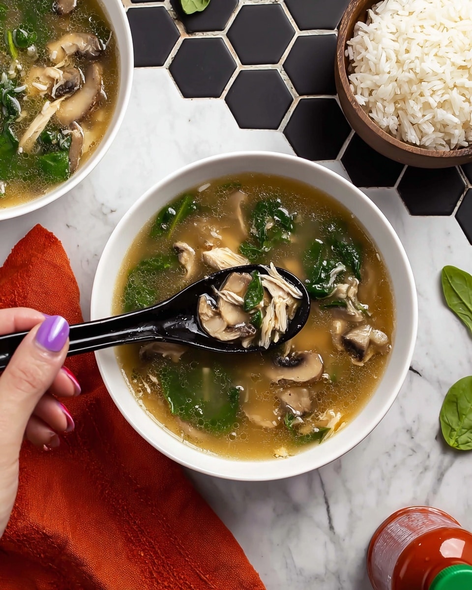 A white bowl filled with clear soup that has brown mushroom slices, bright green spinach leaves, and small bits of white shredded chicken floating in it. A black spoon is scooping some soup, showing a piece of mushroom, spinach, and chicken, held by a woman's hand with purple nail polish. There is another white bowl of the same soup partially visible in the top left corner, and a white bowl of plain white rice in a brown bowl to the upper right. The background is a white marbled surface with black hexagonal tiles and an orange cloth napkin under the bowl on the bottom right. A red sauce bottle with a green cap is partially seen in the bottom left corner. Photo taken with an iphone --ar 4:5 --v 7