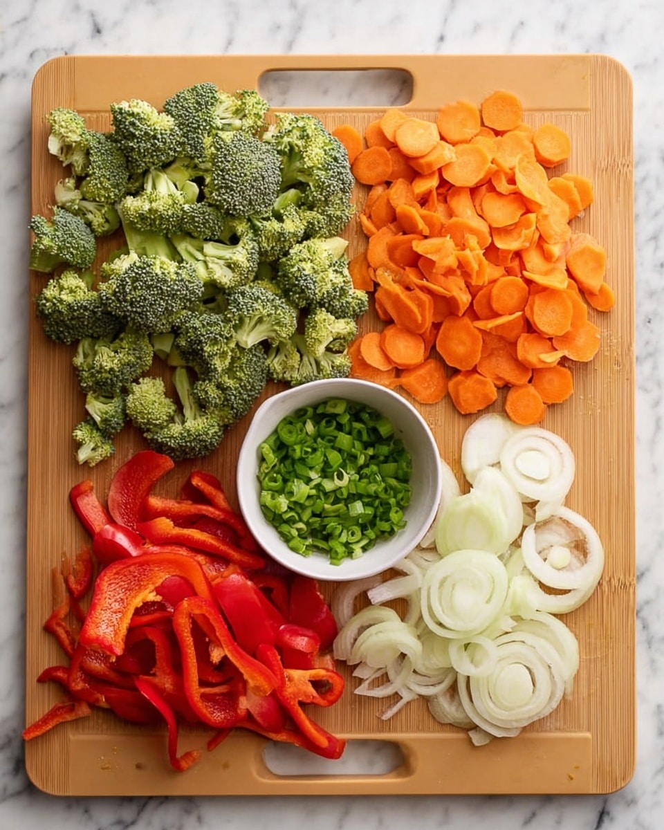 A tan cutting board is placed on a white marbled surface, covered with four groups of fresh, sliced vegetables. At the top left, there is a large pile of green broccoli florets. To the top right, there is a stack of orange carrot slices in thin rounds. At the bottom left, bright red bell pepper strips are arranged in a small pile. To the bottom right, there are white onion slices in thin half rings. In the center of the cutting board, there is a small white bowl filled with green chopped scallions. The scene is clear and bright, photo taken with an iphone --ar 4:5 --v 7