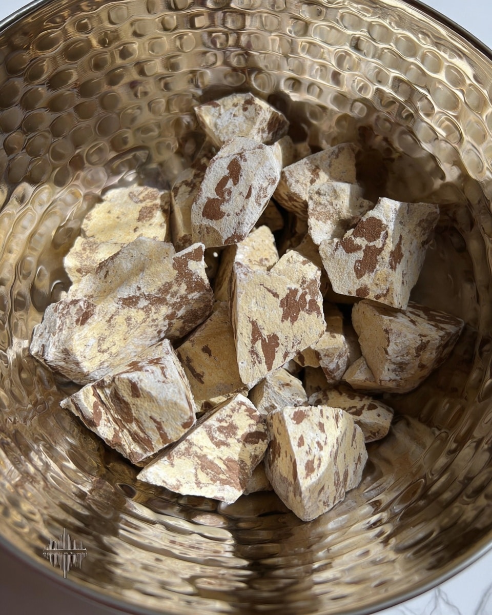 The image shows a close-up of multiple beige chunks with brown patches inside a shiny, hammered metal bowl. The chunks have a rough texture and are uneven in shape, filling the bowl partially. The reflective metal bowl has a textured surface that adds depth and shine to the image. The background is a white marbled texture. photo taken with an iphone --ar 4:5 --v 7