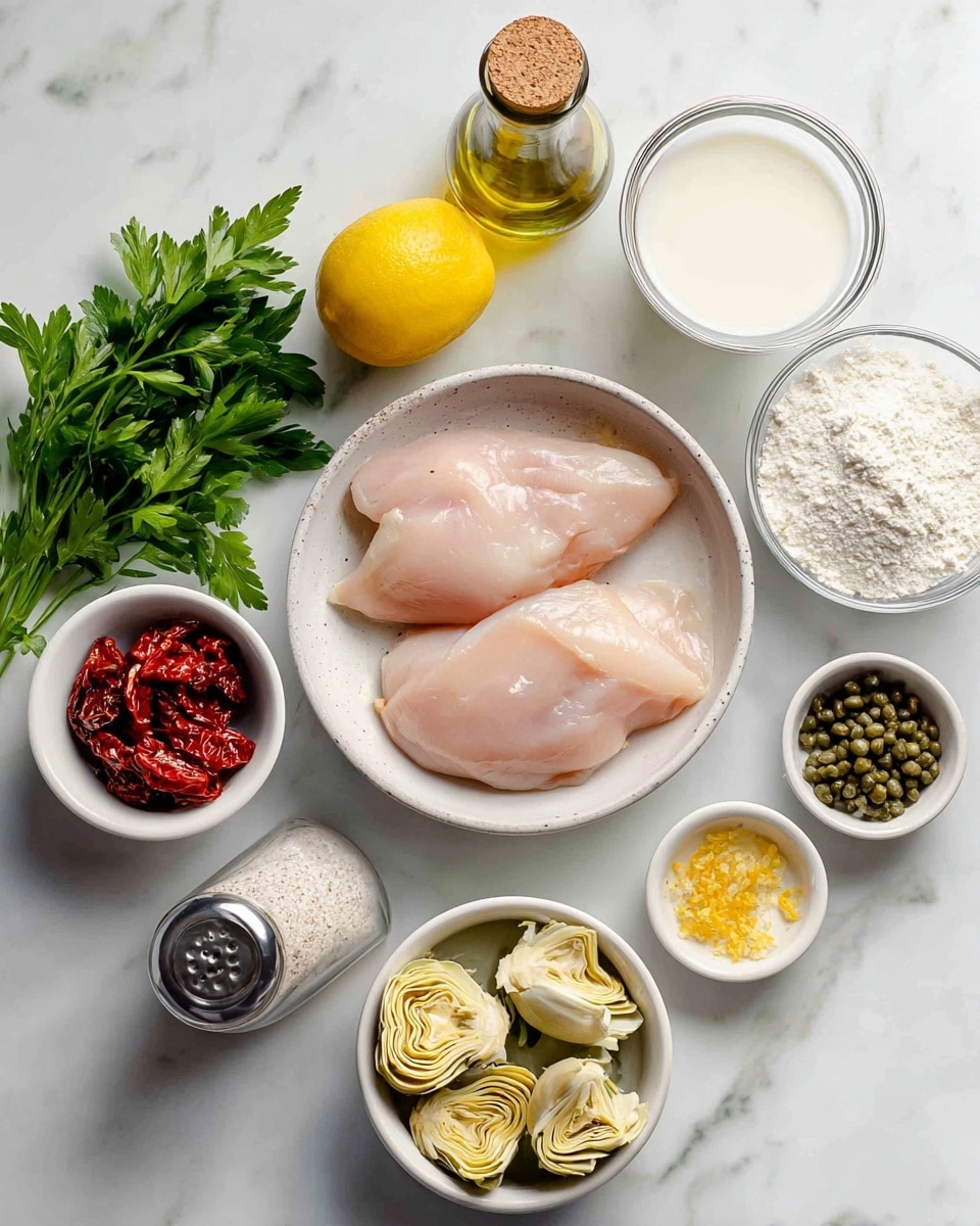 The image shows multiple ingredients arranged neatly on a white marbled surface. In the center, there is a white bowl holding two raw chicken breasts that are pale pink and smooth. Around this bowl, there are small white bowls with other items: sun-dried tomatoes with deep red and wrinkled texture, artichoke hearts that are creamy light yellow and layered, and small green capers that are round and slightly wet-looking. To the top right, there is a clear glass cup full of white milk and a small glass bowl with white flour. Next to the chicken are fresh green parsley leaves. A bright yellow lemon sits on the left side, near a clear salt and pepper grinder. There is also a small glass bottle of olive oil with a cork on top placed above the chicken bowl. The overall look is clean and organized, with each ingredient in separate containers except for the lemon, parsley, and salt and pepper. photo taken with an iphone --ar 4:5 --v 7