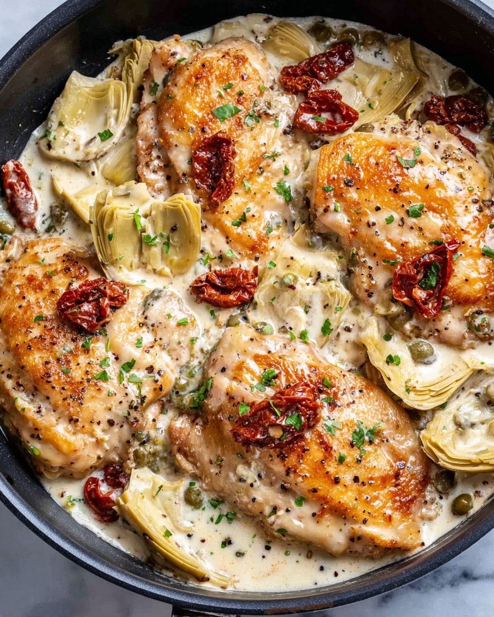 A black pan filled with three large golden-brown cooked chicken pieces layered on a creamy white sauce that is speckled with black pepper. Scattered around the chicken are soft, light yellow artichoke hearts and small green capers. There are also small pieces of sun-dried tomatoes placed between and on top of the chicken, adding a dark red contrast. Finally, the dish is sprinkled with finely chopped bright green herbs for a fresh touch. The whole scene sits on a white marbled surface. photo taken with an iphone --ar 4:5 --v 7