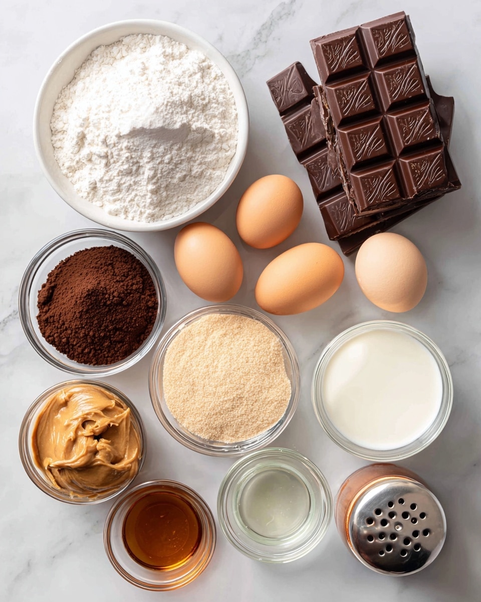 The image shows various baking ingredients arranged on a white marbled surface. There is a white bowl filled with white powdered sugar at the top center and nearby four light brown eggs placed in a loose cluster. On the upper right, several pieces of dark brown chocolate blocks with a leaf design are stacked. Below the chocolate is a clear bowl filled with light tan sugar. To the left of the eggs, a small clear bowl contains dark brown cocoa powder, and next to it is a clear bowl holding smooth, light brown peanut butter. A small clear glass jar with vanilla extract is placed in front of the eggs, and next to it is a small clear bowl with transparent coconut oil. At the far right bottom corner is a brown salt shaker with holes on top. Finally, a glass container of white milk is on the upper left side of the image. Everything is neatly spaced and clearly visible. Photo taken with an iphone --ar 4:5 --v 7