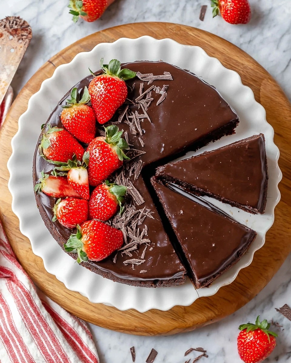 A round chocolate cake with a shiny dark chocolate glaze is placed on a white scalloped plate on top of a wooden board. The cake is cut into several slices with three slices removed, showing a rich, dark chocolate inside layer beneath the smooth top. One side of the cake is decorated with fresh whole and halved bright red strawberries with green leaves on top, and small dark chocolate shavings are scattered across the surface. The setting has a white marbled textured surface with a red and white striped cloth nearby and a few extra strawberries resting beside the board photo taken with an iphone --ar 4:5 --v 7