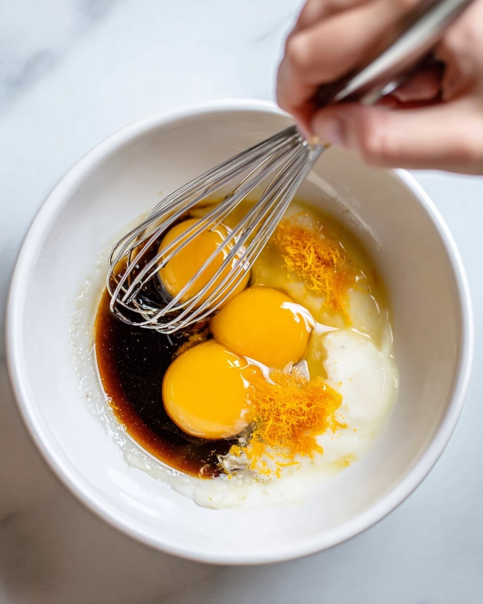 A white bowl with two bright yellow egg yolks floating in a layer of dark brown liquid, likely vanilla or syrup, with a smooth white creamy layer and an orange textured layer, possibly zest or finely grated peel, on one side. A woman's hand is holding a silver whisk above the bowl, ready to mix the ingredients. The background is a white marbled surface. photo taken with an iphone --ar 4:5 --v 7