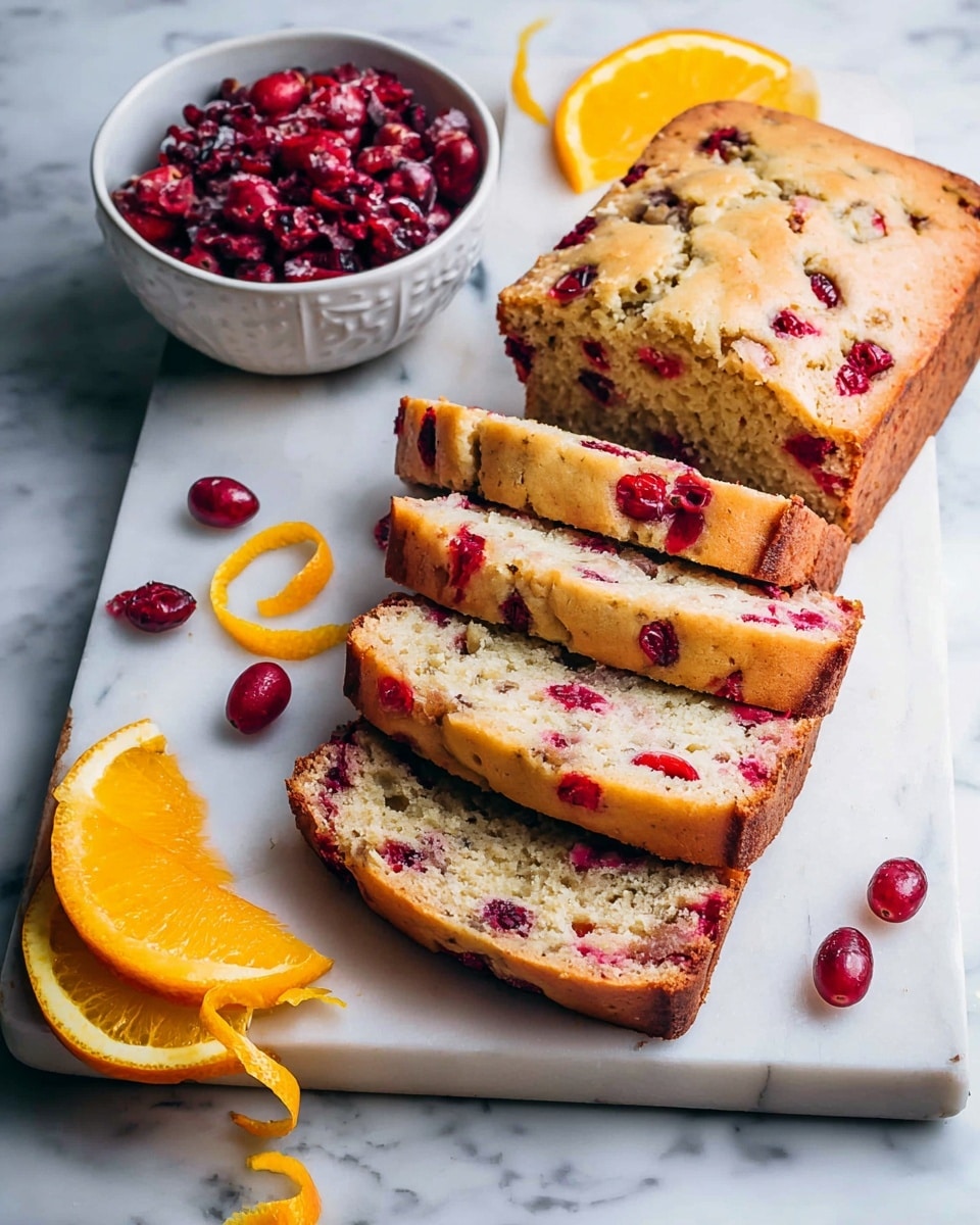 The image shows a white marble board with a loaf of light brown cake mixed with bright red cranberries, sliced into six pieces and arranged in a slightly fanned stack starting from the back right to the front left. To the left of the cake, there is a small white bowl filled with dark red cranberries. Next to the bowl and in front of the cake are thin, bright orange slices of orange fruit with some orange peel curls scattered around on the marble surface. The background is a white marbled texture. Photo taken with an iphone --ar 4:5 --v 7