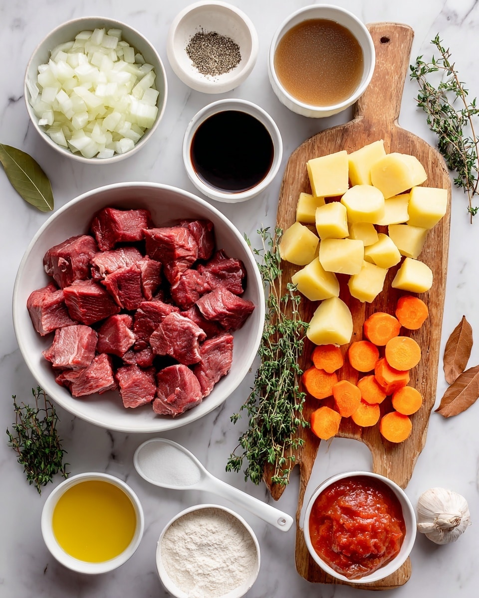 A flat lay image shows several white bowls and a wooden board on a white marbled surface, each filled with different ingredients. In the center, a white bowl holds raw beef chunks that are deep red and chunky. To the left, a small white bowl contains chopped white onion pieces, next to a tiny white bowl with black pepper, a white spoon filled with dark Worcestershire sauce, and another small white bowl with white flour powder. At the bottom left, there is a small white bowl with golden olive oil, and next to it, a small white bowl filled with thick red tomato paste. On the right side, there is a wooden board with a pile of peeled yellow potato chunks on top and bright orange carrot slices below. Around these main items, a whole white garlic bulb, fresh green sprigs of thyme, a brown bay leaf, and a small white bowl of white salt, along with a bowl filled with brownish beef broth, are arranged. The image looks bright and fresh, photo taken with an iphone --ar 4:5 --v 7