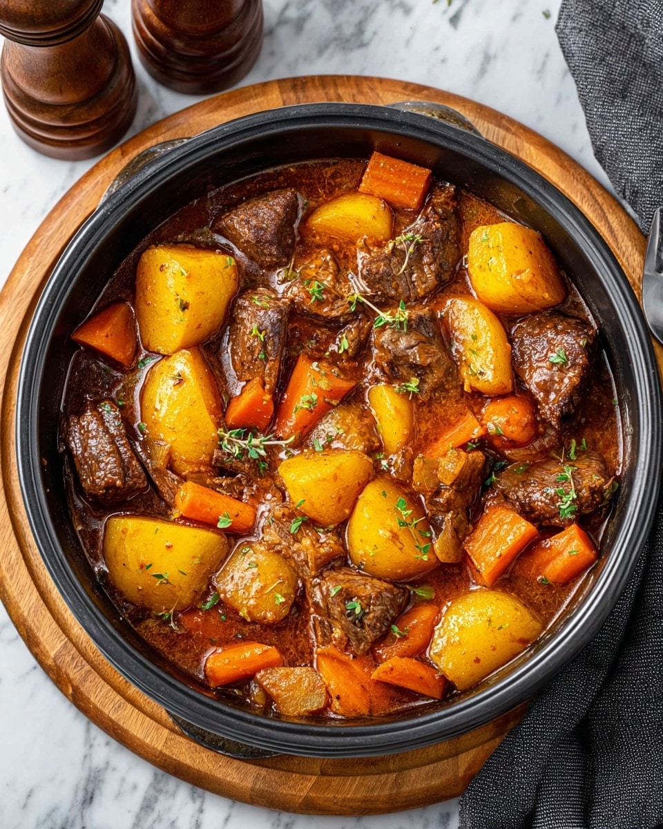 A round black pot filled with a rich brown stew containing large chunks of golden yellow potatoes, bright orange carrot pieces, browned beef pieces, and translucent cooked onion chunks, all coated in a glossy brown sauce with small green herb leaves sprinkled on top. The pot is placed on a round wooden board on a white marbled surface, next to a pepper grinder and a folded dark gray cloth. Photo taken with an iphone --ar 4:5 --v 7
