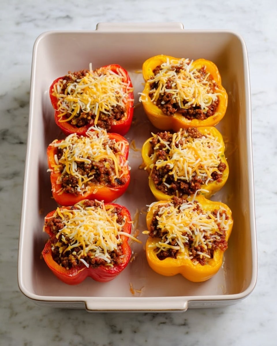 A white baking dish with six stuffed bell pepper halves arranged in two rows of three on a white marbled surface. Each pepper half is filled with a dark brown ground meat mixture, topped with a layer of light and pale orange shredded cheese. The peppers show three colors: red, yellow, and orange, with two of each color spread evenly in the dish. The cheese is unevenly scattered on top, adding a textured look to the dish. Photo taken with an iphone --ar 4:5 --v 7