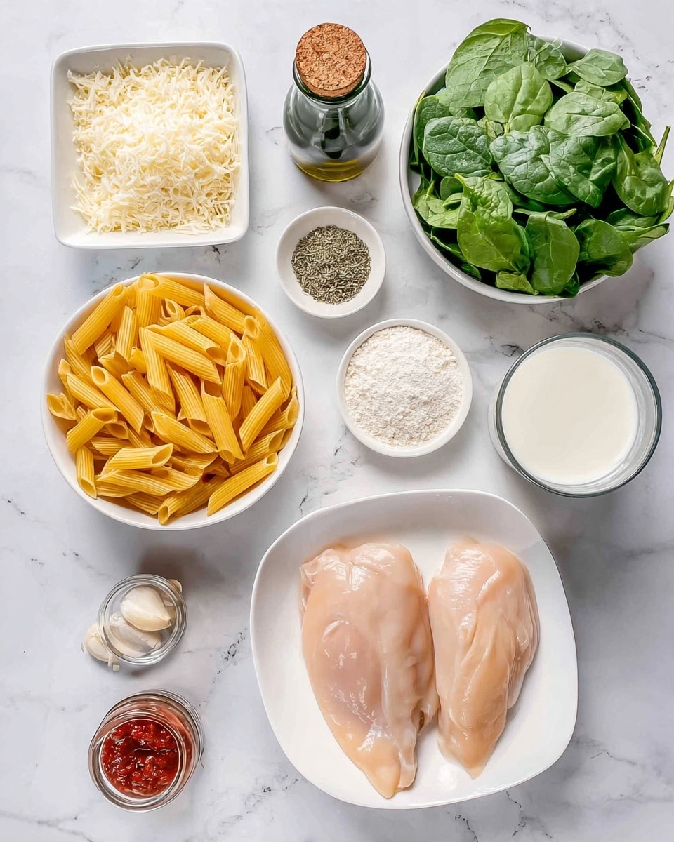 The image shows various raw ingredients arranged on a white marbled surface. In the lower right, there are two raw, pale pink chicken fillets in a white bowl. To the left of the chicken, uncooked yellow penne pasta fills a white square dish. Above the pasta, grated white cheese lies in a small white bowl. Next to it, a small white bowl holds dried herbs, and near it, a small bowl contains white flour. To the right of the herbs and flour, three garlic cloves rest directly on the surface. A small clear bottle with a cork is placed near the center and a dark green olive oil bottle with cork sits nearby. At the top right, fresh green spinach leaves fill a white bowl and a small glass container contains creamy white milk. Photo taken with an iphone --ar 4:5 --v 7