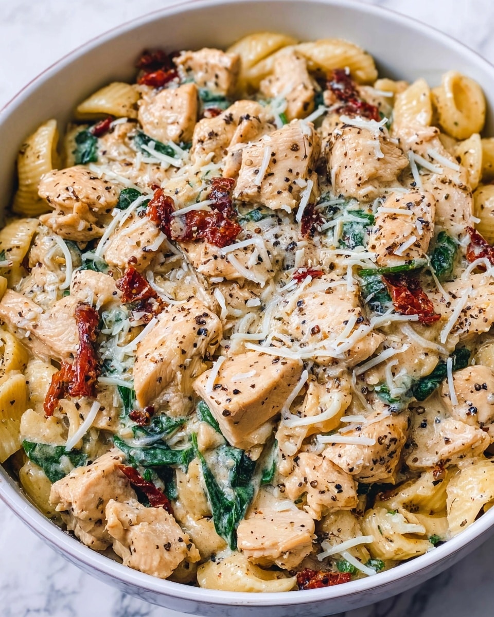 This dish shows a white bowl filled with three layers of food. The bottom layer has small pasta pieces that are light yellow and smooth. The middle layer includes chunks of light beige cooked chicken mixed with some dark red sun-dried tomatoes and green spinach leaves, giving the dish a colorful look. The top layer is sprinkled with shredded white cheese and small black pepper dots scattered all over. The sauce is creamy and coats the ingredients lightly, creating a soft and rich texture. The whole bowl is placed on a white marbled surface photo taken with an iphone --ar 4:5 --v 7