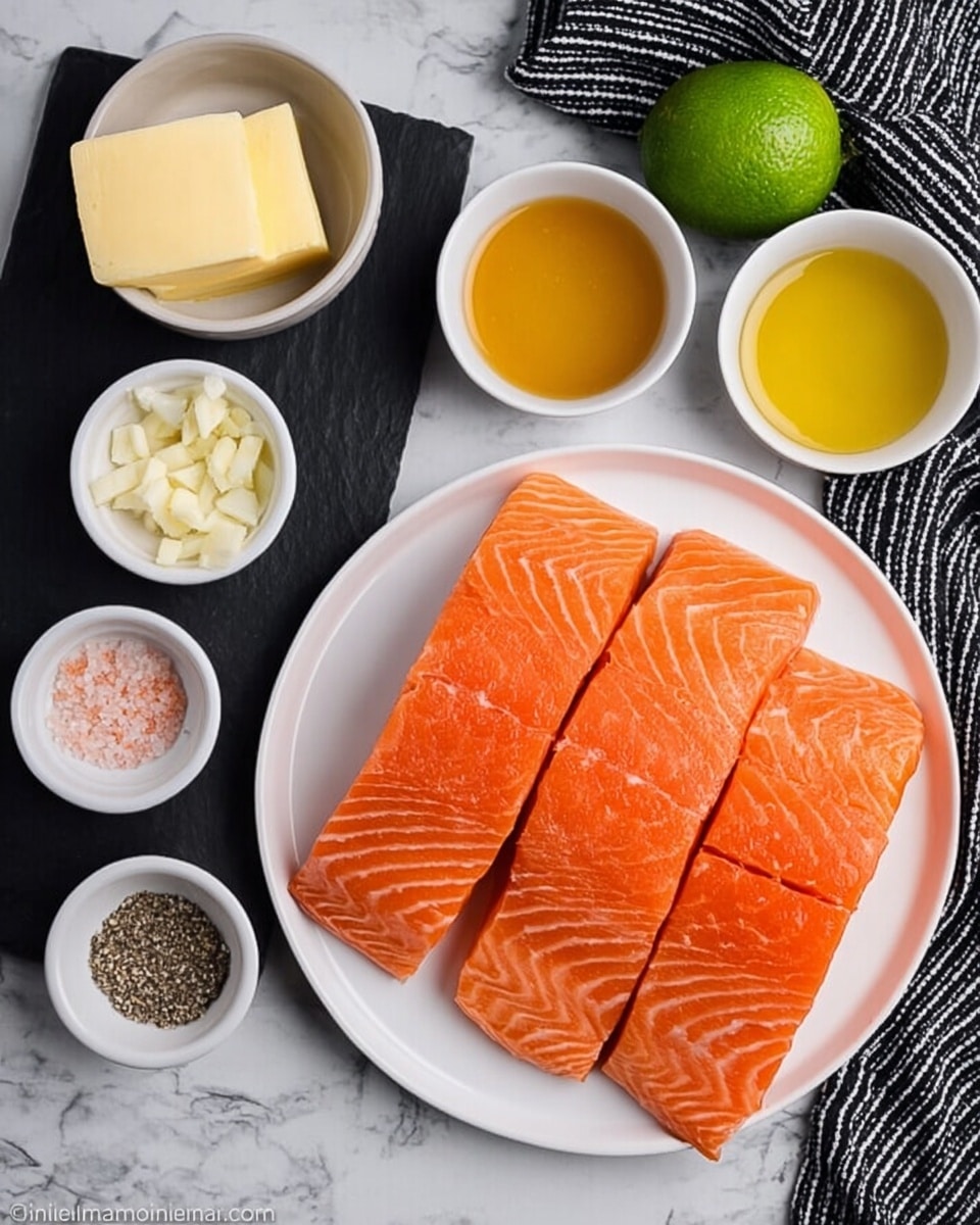 The image shows a white plate on a white marbled surface holding four thick, fresh, bright orange salmon fillets with visible light lines in the flesh. Next to the plate, on the left, there is a black slate board with small white bowls containing various ingredients: one bowl has a light yellow block of butter, another has crushed garlic, one has a yellow liquid like oil, one contains a golden honey-like liquid, and the last bowl has a mix of pink salt and black pepper. A whole green lime and a striped black and white cloth are also on the white marbled surface behind the plate. photo taken with an iphone --ar 4:5 --v 7