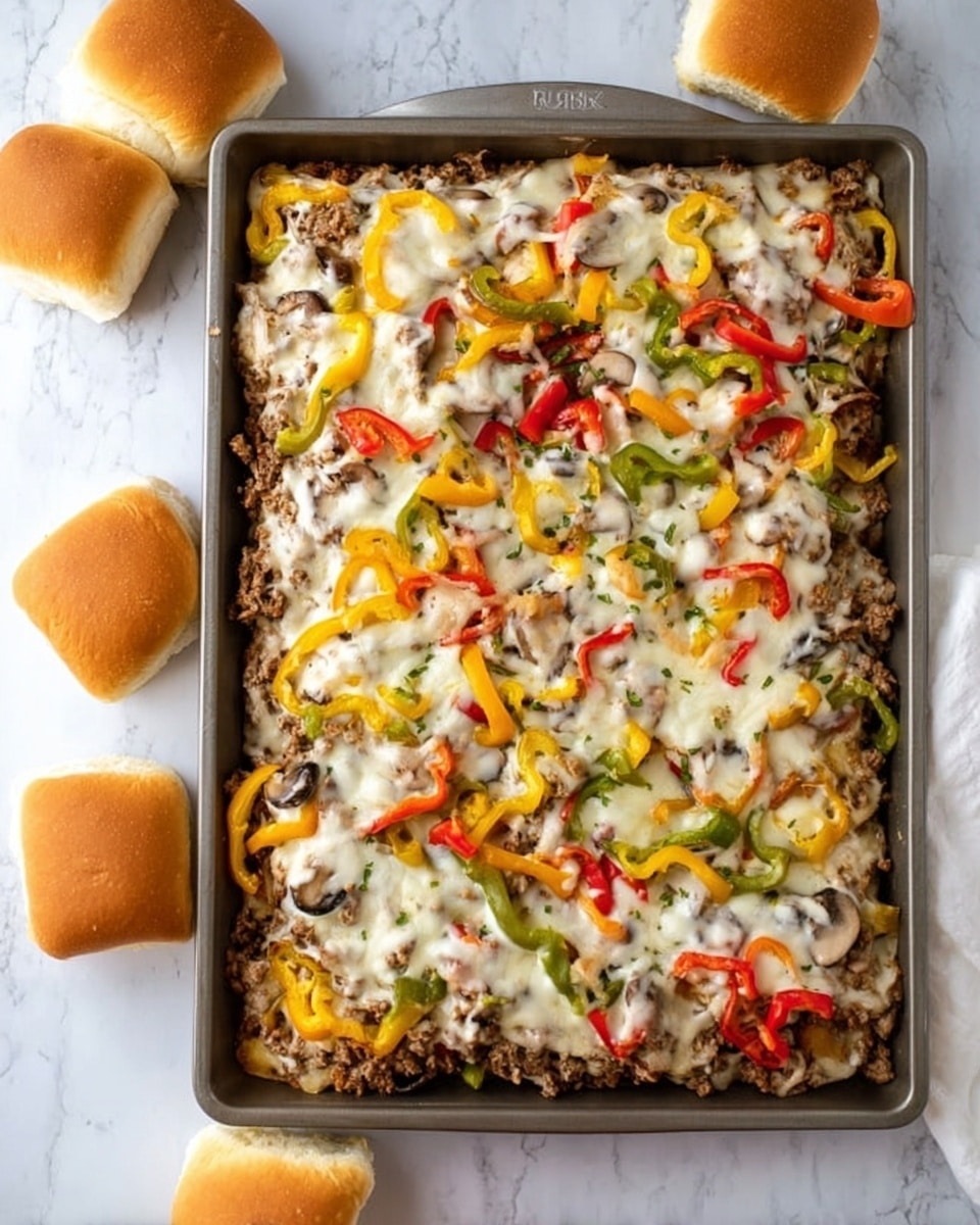 The image shows a rectangular baking tray filled with a layered dish. The bottom layer is ground meat, covered with slices of colorful bell peppers in red, yellow, and green scattered evenly. There are also small pieces of mushrooms spread across the top. The dish is topped with melted cheese in white and yellow, creating a gooey texture that stretches over the vegetables. The tray is placed on a white marbled surface and surrounded by soft, golden-brown dinner rolls. Photo taken with an iphone --ar 4:5 --v 7