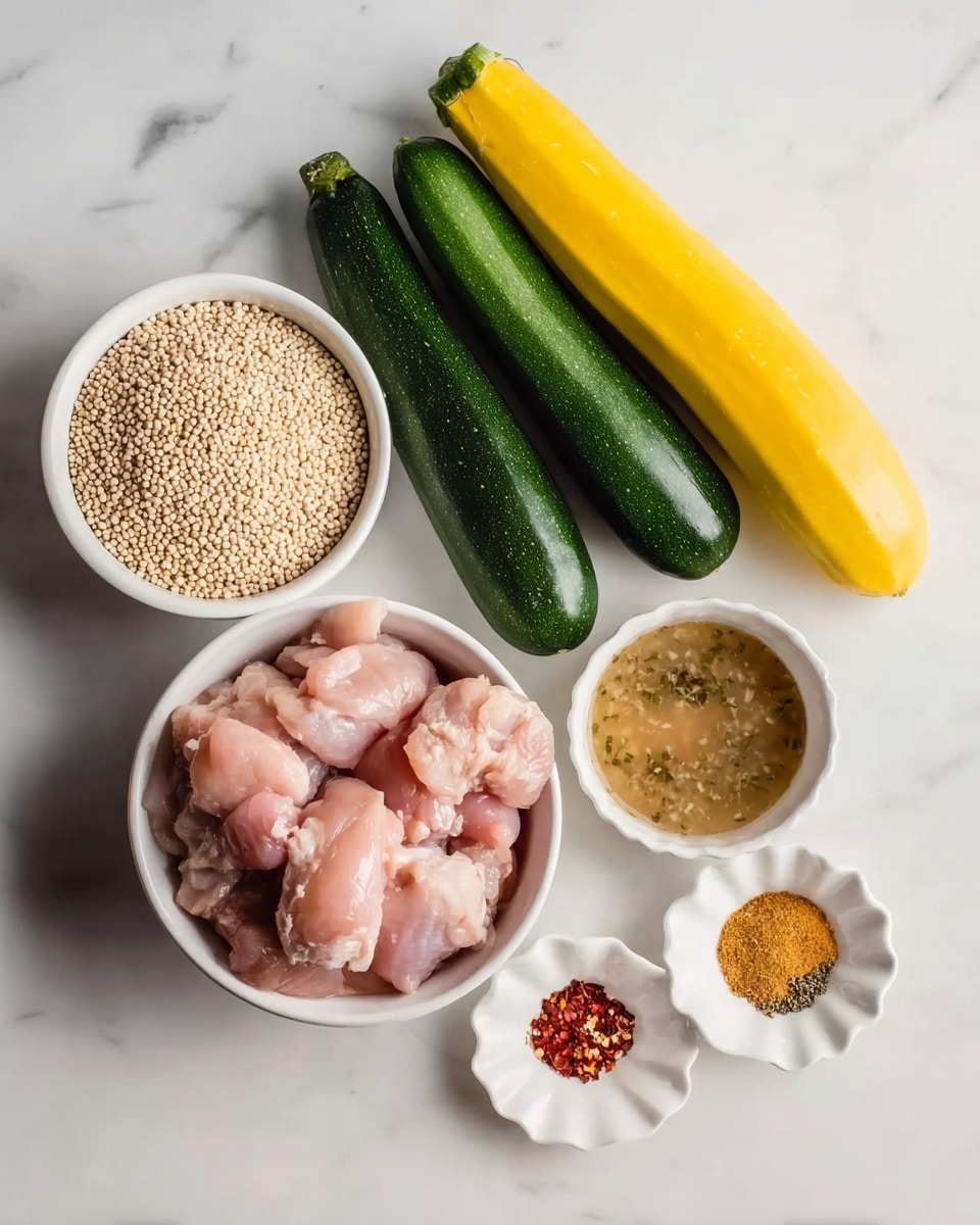 The image shows six ingredients arranged on a white marbled surface. At the bottom center, there is a white bowl filled with raw pieces of light pink chicken. Above it, slightly to the left, are three whole zucchinis: two dark green zucchinis and one bright yellow zucchini in the middle. To the left of the chicken bowl, there is a white bowl filled with small, round, pale beige grains, likely quinoa. To the right of the chicken bowl, a white bowl contains a light brown liquid with visible herbs and spices mixed in. At the top right side of the image, there is a small white scalloped dish holding three piles of seasonings: coarse white salt, a light orange powder, and red chili flakes. Photo taken with an iphone --ar 4:5 --v 7