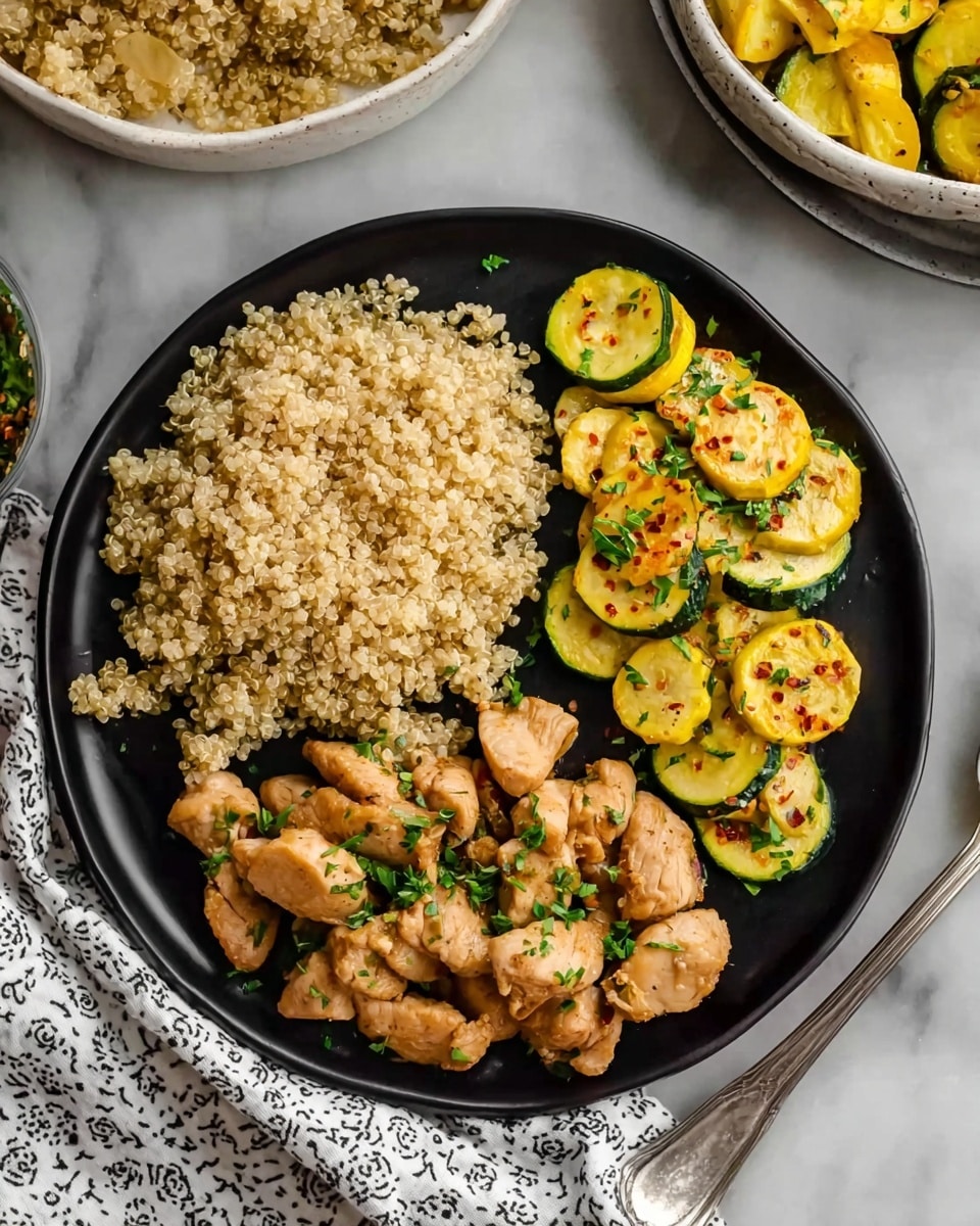 A round black plate holds three sections of food arranged side by side. On the left is a large mound of light brown, fluffy quinoa with a grainy texture. To the right of the quinoa are slices of cooked yellow and green squash, lightly seasoned with small red flakes and garnished with fresh chopped green herbs. Below the squash is a portion of small, browned chicken pieces, with a slightly glossy cooked surface and sprinkled with the same green garnish. The plate sits on a white marbled surface, and parts of a white bowl with more squash and a white dish with quinoa can be seen in the background, along with a patterned white cloth. A silver spoon lies next to the plate. Photo taken with an iphone --ar 4:5 --v 7