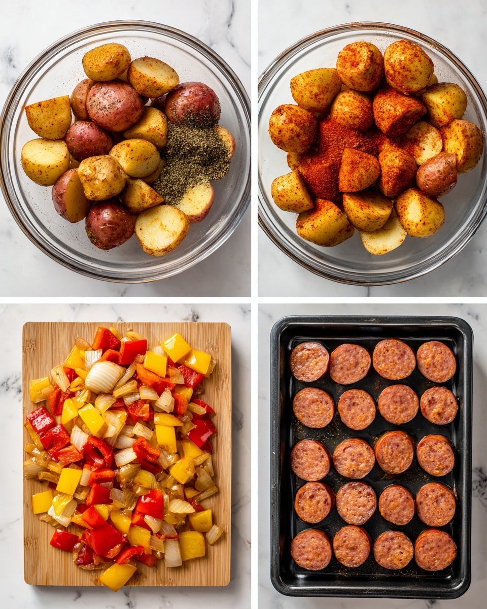 The image shows four steps of making a dish. In the first step, there is a clear glass bowl filled with halved red potatoes topped with different spices in red, black, and green shades scattered on top. The second step shows the same bowl with the potatoes now coated evenly in the spices, giving them a red-orange color on their cut sides. The third step displays sliced sausage rounds arranged on a white cutting board, each piece brown and glossy. The fourth step features a black baking tray filled with the cooked sausage slices mixed with diced red, yellow, and orange bell peppers and the seasoned potatoes, all spread out in an even layer. The background is a white marbled surface. photo taken with an iphone --ar 4:5 --v 7