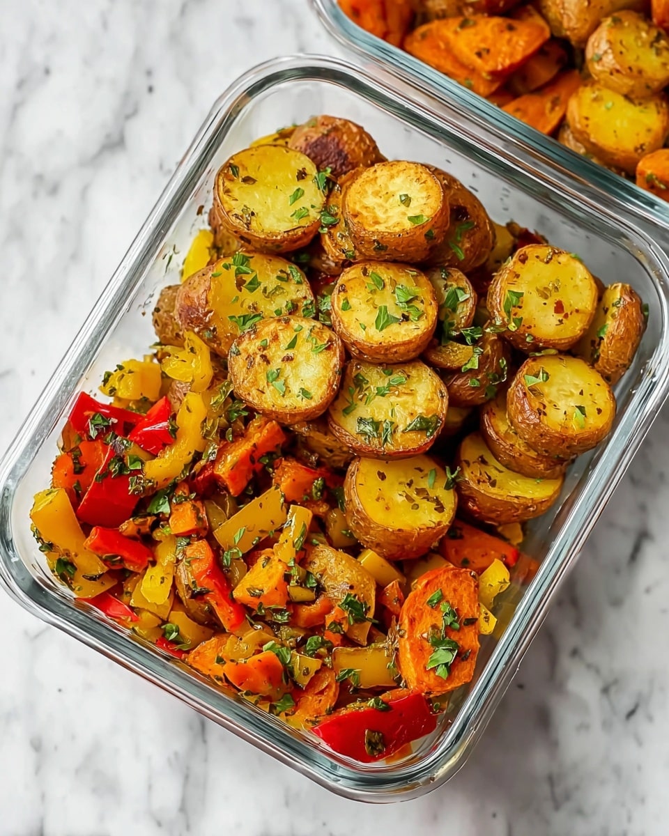 The image shows a clear rectangular glass dish filled with roasted vegetables. The dish contains roughly two layers: the bottom layer has small chunks of orange, yellow, and red bell peppers mixed with herbs, while the top layer is made up of round, golden-brown potato slices with slightly crispy edges. The vegetables have a light garnish of green herbs scattered on top. The dish sits on a white marbled surface with a second similar glass dish partially visible beside it. Photo taken with an iphone --ar 4:5 --v 7