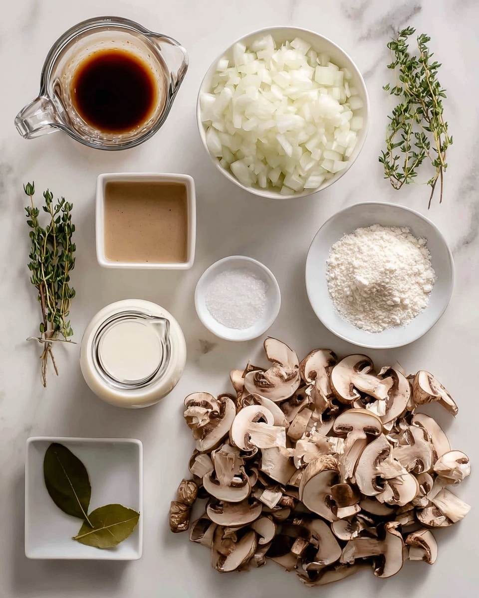 The image shows a white marbled surface with various ingredients neatly arranged. On the bottom right, there is a large pile of sliced brown mushrooms that look fresh and soft. Above the mushrooms, there is a white bowl filled with finely chopped white onions. To the top left of the mushrooms, there is a small white square dish containing a dark brown liquid labeled coconut aminos. Next to it, a transparent glass container with a handle is filled with vegetable broth that has a light brown color. Below the broth, there is a small white square dish with white salt. A clear glass bottle with white dairy free milk is tilted on its side to the left of the onions. Near the bottom left corner, there are green fresh sprigs of thyme and a single bay leaf placed side by side. On the top right, a white plate holds a small mound of white arrowroot powder. The overall layout is simple and clean, with all items labeled clearly. photo taken with an iphone --ar 4:5 --v 7