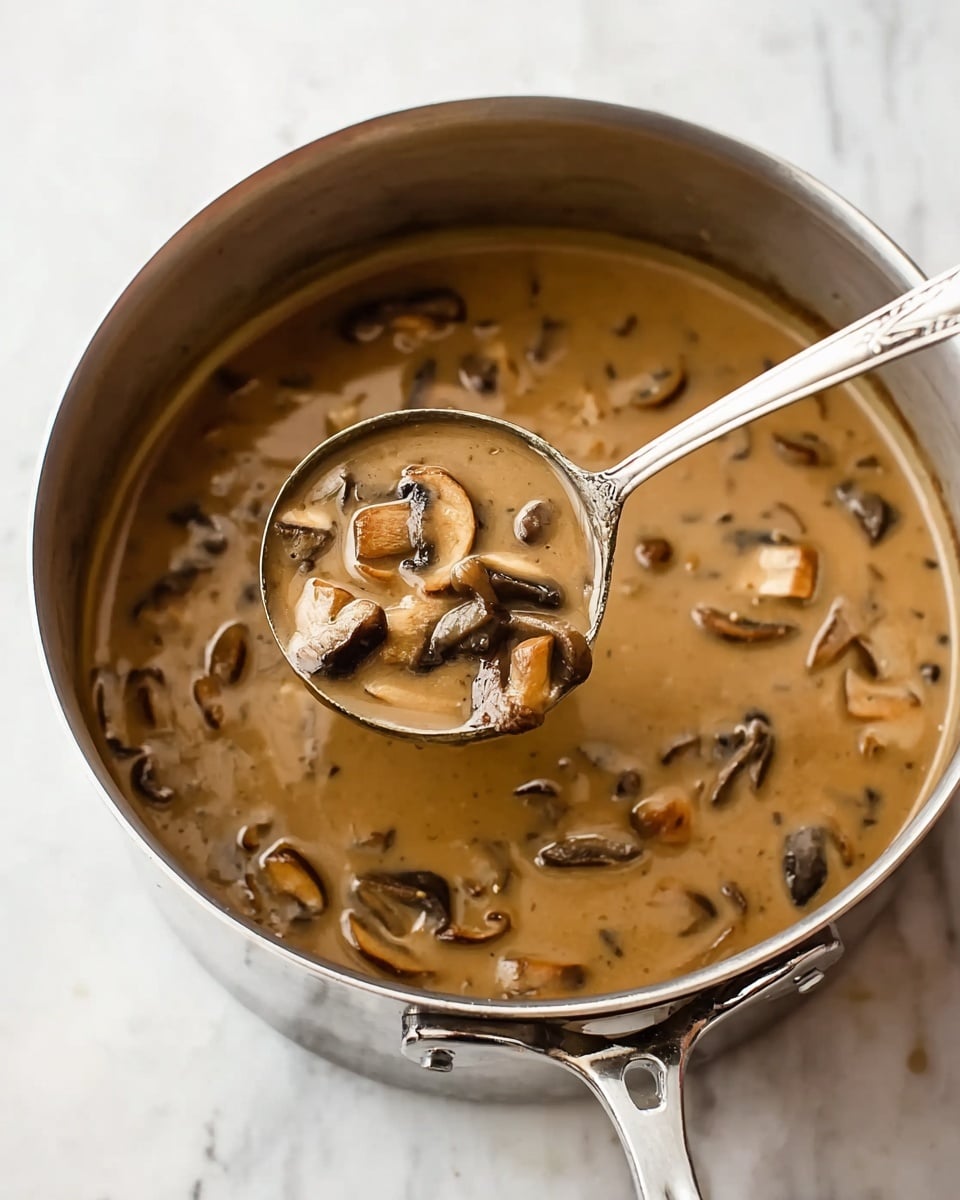 A large silver pot filled with creamy brown mushroom soup, showing many light brown and dark brown sliced mushrooms floating in the thick liquid, a silver ladle scooping a large spoonful of the soup with visible mushroom slices, the pot and ladle resting on a white marbled surface photo taken with an iphone --ar 4:5 --v 7