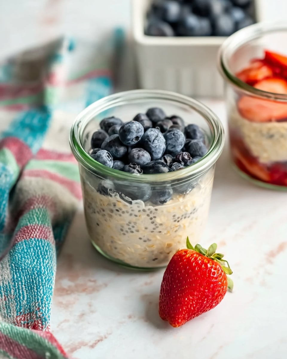 A clear glass jar filled with two layers: the bottom layer is light beige oatmeal mixed with visible chia seeds, and the top layer is fresh, plump blueberries scattered evenly across the oatmeal. The jar sits on a white marbled surface, accompanied by a small white square bowl of extra blueberries in the background and part of another jar with a red fruit topping visible to the right. A colorful textured cloth with light blue, pink, and green stripes is folded and placed next to the jar, with a fresh red strawberry resting nearby on the surface. photo taken with an iphone --ar 4:5 --v 7