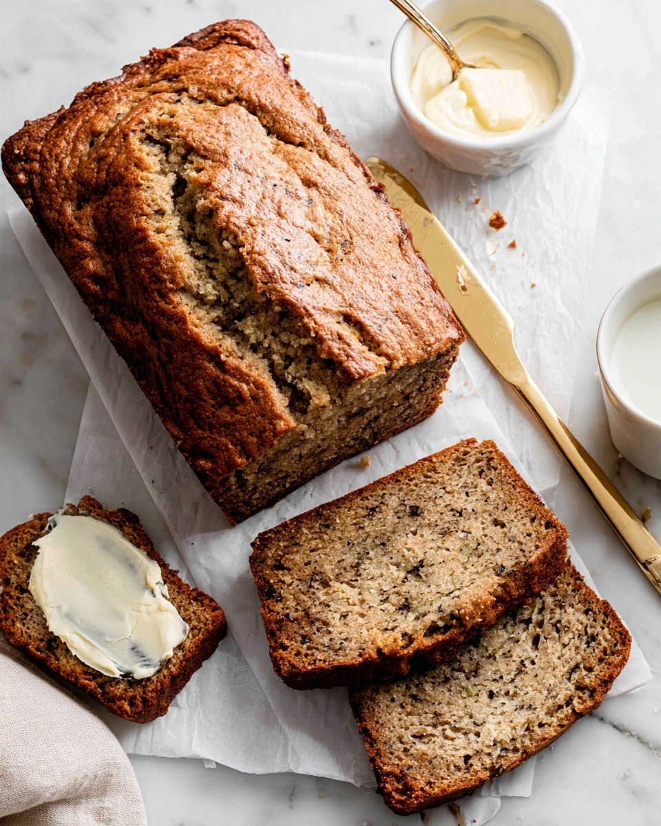 A loaf of brown banana bread with a rough, cracked top crust sits on a white marbled surface lined with white parchment paper. The loaf is partially sliced, showing a dense, moist inner texture with small darker specks. Two slices lay flat in front of the loaf; one is spread with a creamy white butter. Nearby, there is a small white bowl filled with butter and a clear glass cup with milk. A golden knife with some butter residue is placed to the right side. photo taken with an iphone --ar 4:5 --v 7