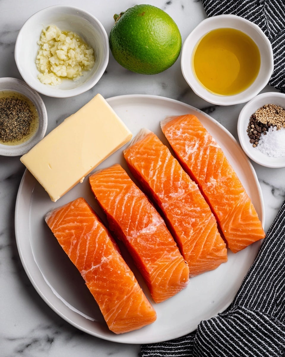The image shows six pieces of raw salmon with a bright orange color and smooth texture, placed on a white plate on a white marbled surface. Next to the plate is a rectangular piece of butter, a whole green lime, and small white bowls with minced garlic, golden honey, olive oil, and a mix of black pepper and pink salt. A black and white striped cloth is partly visible near the upper right corner. All the ingredients are arranged neatly in a clean and simple way, ready to be used for cooking. Photo taken with an iphone --ar 4:5 --v 7