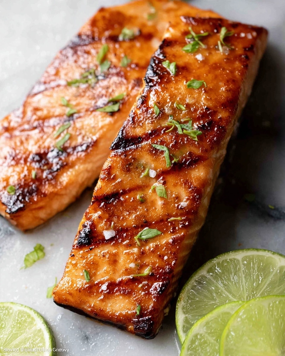The image shows two pieces of grilled salmon with a shiny, golden-brown crust and visible grill marks. The salmon is garnished with small green herb leaves scattered on top. To the right of the salmon, there are two light green lime slices with a textured surface. The whole scene is set against a white marbled surface, adding a clean and bright background. The salmon looks juicy and well-cooked, with a slightly charred texture on the edges. Photo taken with an iphone --ar 4:5 --v 7