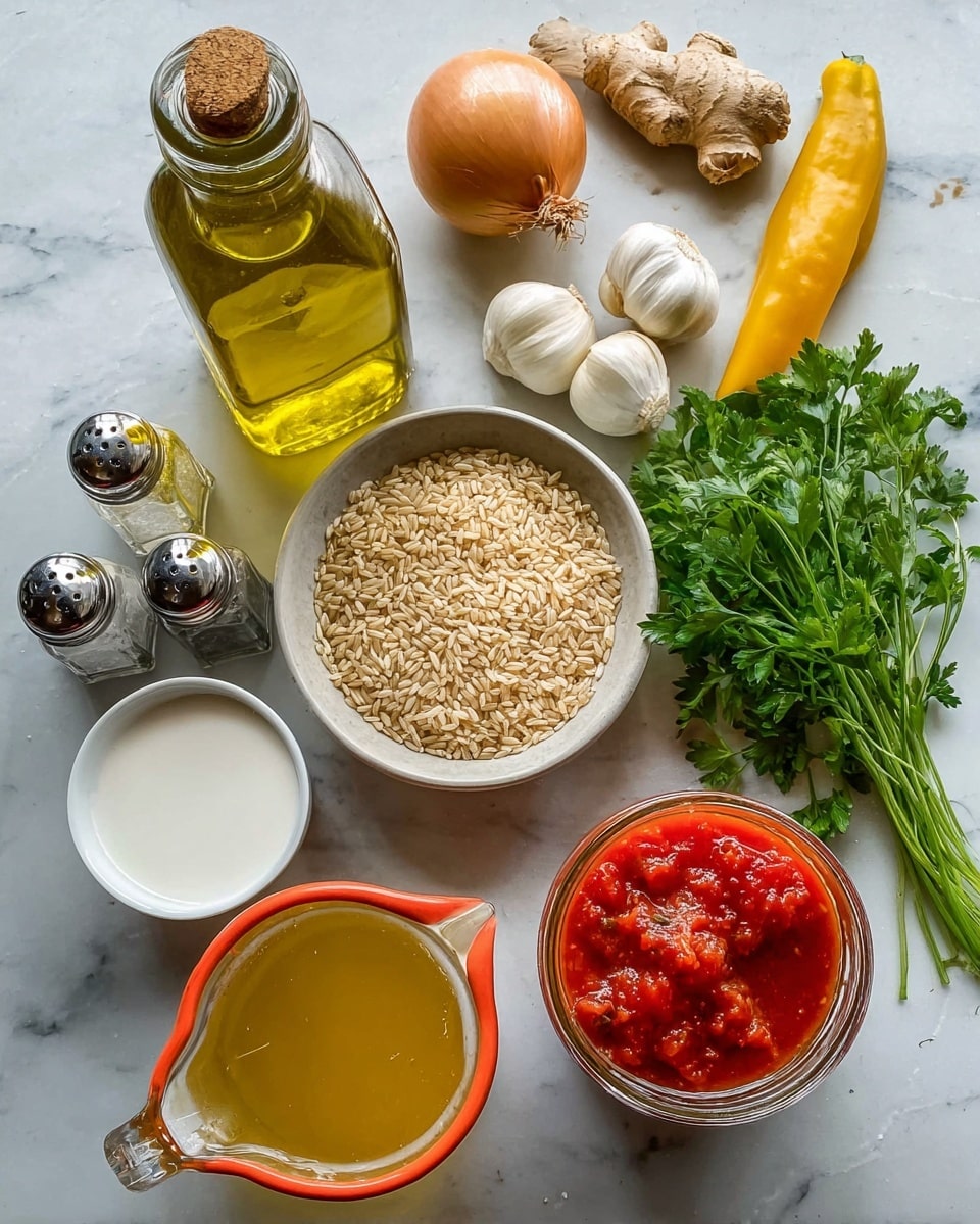 The image shows various cooking ingredients laid out on a white marbled surface: a clear glass bottle filled with yellow olive oil with a cork top; a whole yellow onion and three white garlic cloves; a bunch of fresh green parsley; a piece of light brown ginger root; a long yellow chili pepper; two silver salt and pepper shakers; a white bowl filled with light brown uncooked rice; a small white bowl with white cream or yogurt; a clear glass measuring cup filled with yellow broth containing herbs; and a clear glass jar with an orange rim filled with chunky red tomato sauce. photo taken with an iphone --ar 4:5 --v 7