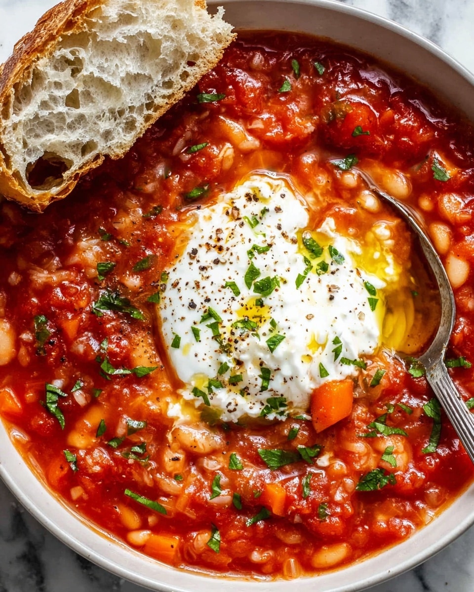 A bowl filled with a thick, red tomato-based soup with visible white beans, small carrot pieces, and bits of green herbs mixed throughout. In the center of the soup, there is a generous dollop of smooth, white cream drizzled with golden olive oil and sprinkled with chopped green herbs and black pepper. A silver spoon rests inside the bowl, slightly covered with the soup and cream. On the left edge of the bowl, there is a piece of rustic white bread with a soft, airy inside. The bowl is white and set on a white marbled surface. Photo taken with an iphone --ar 4:5 --v 7