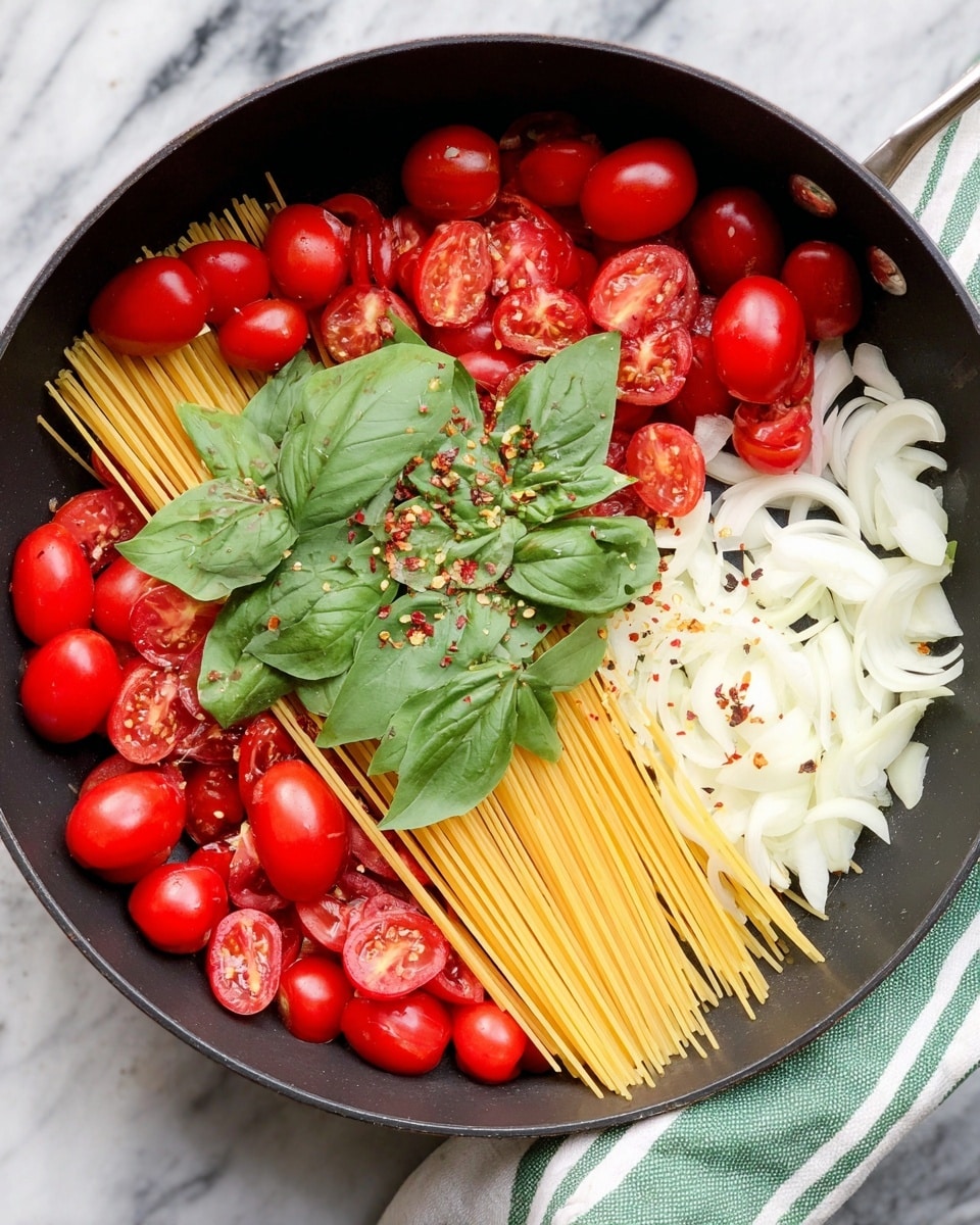 A large black pan holds three main layers: at the bottom are long, uncooked pale yellow spaghetti strands placed diagonally, topped by bright red halved cherry tomatoes, arranged mostly on the left and bottom edges. White sliced onions are on the right side of the pan, thin and crisp in texture. Fresh large green basil leaves sit in the middle, sprinkled lightly with black pepper and small red chili flakes. The ingredients are fresh and neatly placed in distinct sections. The pan rests on a white marbled surface with a white and green striped cloth underneath. Photo taken with an iphone --ar 4:5 --v 7