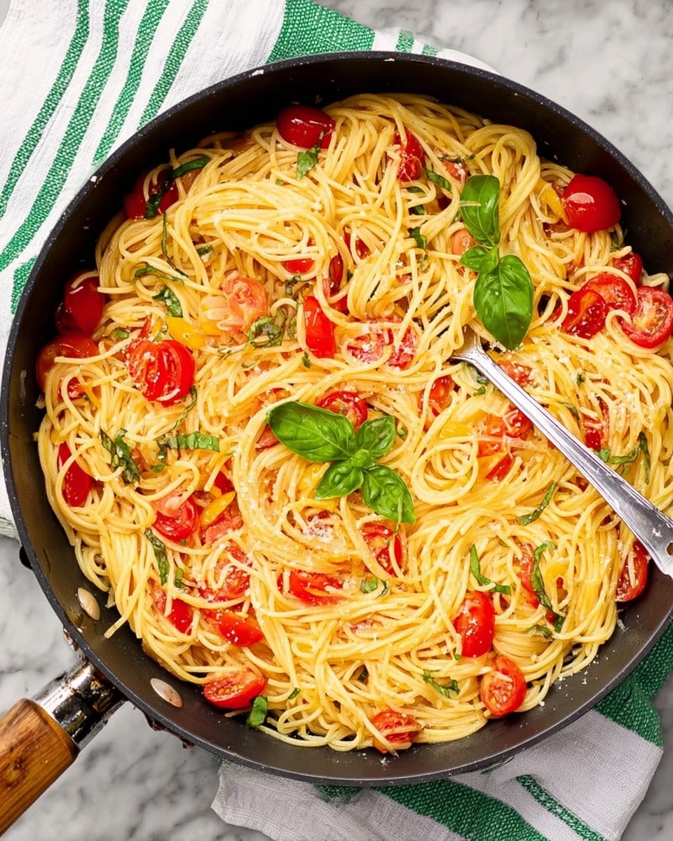 A large black pan filled with cooked spaghetti as the base layer, light yellow and soft in texture. Mixed throughout are small red cherry tomato halves and thinly sliced translucent onions scattered evenly on top and within the pasta. Fresh green basil leaves sit as a garnish mostly in the center and around the pan, adding a pop of color. A silver fork with a wooden handle is seen in the pan twisted with noodles. The pan rests on a white and green striped towel, all placed on a white marbled surface. photo taken with an iphone --ar 4:5 --v 7