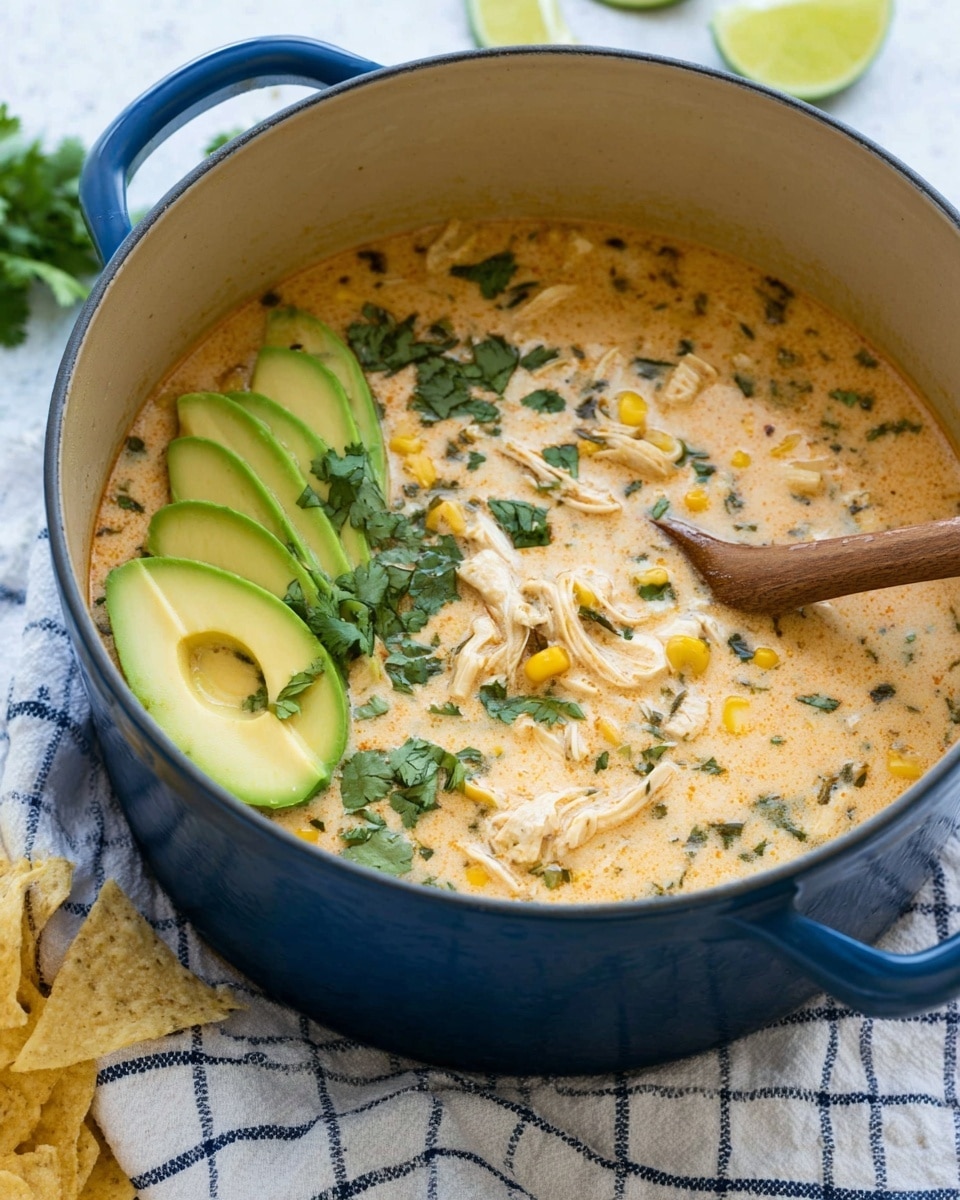 A large blue pot sits on a white marbled surface with a white and blue checkered cloth underneath; inside the pot is a creamy soup with a light orange color and visible pieces of shredded chicken, yellow corn kernels, and chopped green herbs. On one side of the soup, there are thin slices of green avocado arranged in a fan shape, topped with fresh cilantro leaves scattered across the soup’s surface. A wooden spoon is partially submerged in the soup near the avocado slices. In the background, there are some light yellow tortilla chips and lime wedges slightly blurred out. Photo taken with an iphone --ar 4:5 --v 7