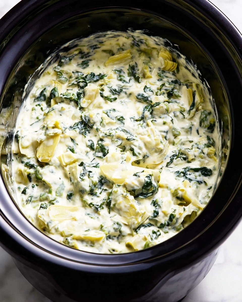 A creamy, thick dip fills the inside of a black slow cooker, showing visible layers of chopped dark green spinach mixed with soft pale green artichoke pieces and smooth, white melted cheese, creating a rich texture with small chunks throughout. The mixture looks warm and well blended, with the green spinach leaves scattered evenly in the creamy white cheese base, giving a contrast of color and a smooth yet chunky feel. The slow cooker is set against a white marbled surface. photo taken with an iphone --ar 4:5 --v 7