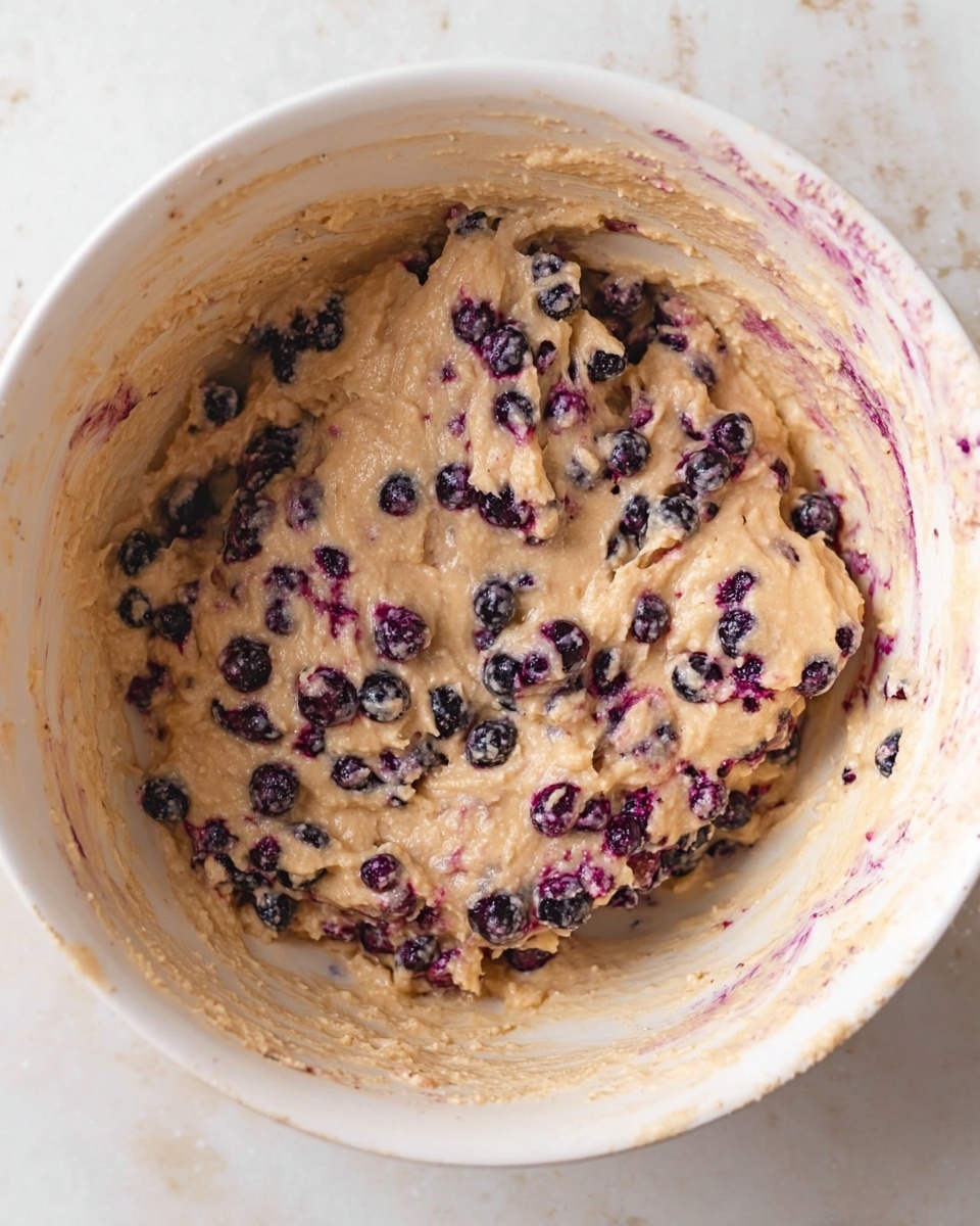 The image shows a close-up of a white bowl with thick, creamy batter inside, mixed with many small dark blueberries. The batter has a light tan color with purple streaks from the blueberries. The blueberries are spread evenly throughout the batter, creating a dotted pattern. The sides of the bowl have some batter and blueberry stains, showing that the mixture was stirred recently. The bowl is placed on a white marbled surface. photo taken with an iphone --ar 4:5 --v 7