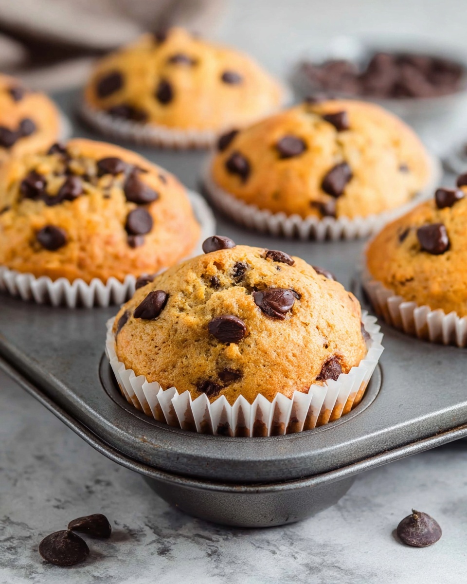 The image shows five golden brown muffins studded with dark chocolate chips, each sitting in white paper liners inside a gray metal muffin tin. The muffins have slightly rounded tops with visible cracks and large chocolate chips scattered on the surface. The background is a white marbled texture with some chocolate chips scattered near the tin. The focus is sharp on the muffin in the front center, while the others are slightly blurred. photo taken with an iphone --ar 4:5 --v 7