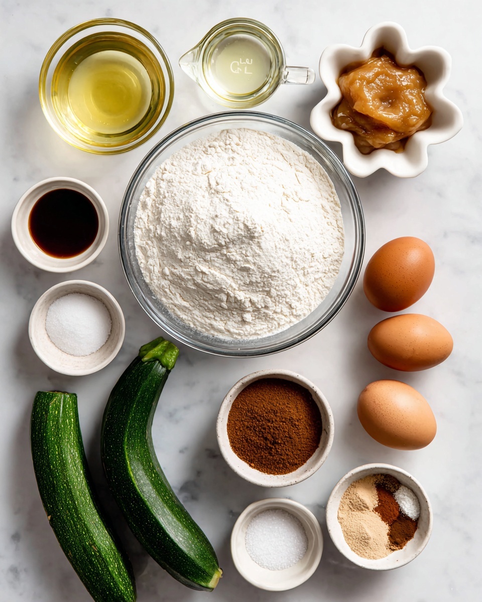 Chocolate Chip Zucchini Bread Recipe 4 The image shows various ingredients arranged neatly on a white marbled surface. In the center, there is a large clear glass bowl filled with a white powdery mix labeled flour, baking powder, and baking soda. To the top left, a clear glass measuring cup holds light yellow oil. Next to it on the right, a white flower-shaped bowl contains smooth, light orange applesauce. Below the applesauce, two brown eggs sit side by side. To the right of the flour bowl, a small white scalloped bowl holds brown cinnamon and nutmeg powder. Below the eggs, a small clear bowl contains a mix of light brown and white sugars. At the bottom left, there are two pieces of dark green zucchini, one whole and one cut in half showing a light green inner texture. To the far left, three small bowls hold dark brown vanilla, white salt, and some other mix visible only from the top. The image is bright and clear, with a clean and fresh look photo taken with an iphone --ar 4:5 --v 7