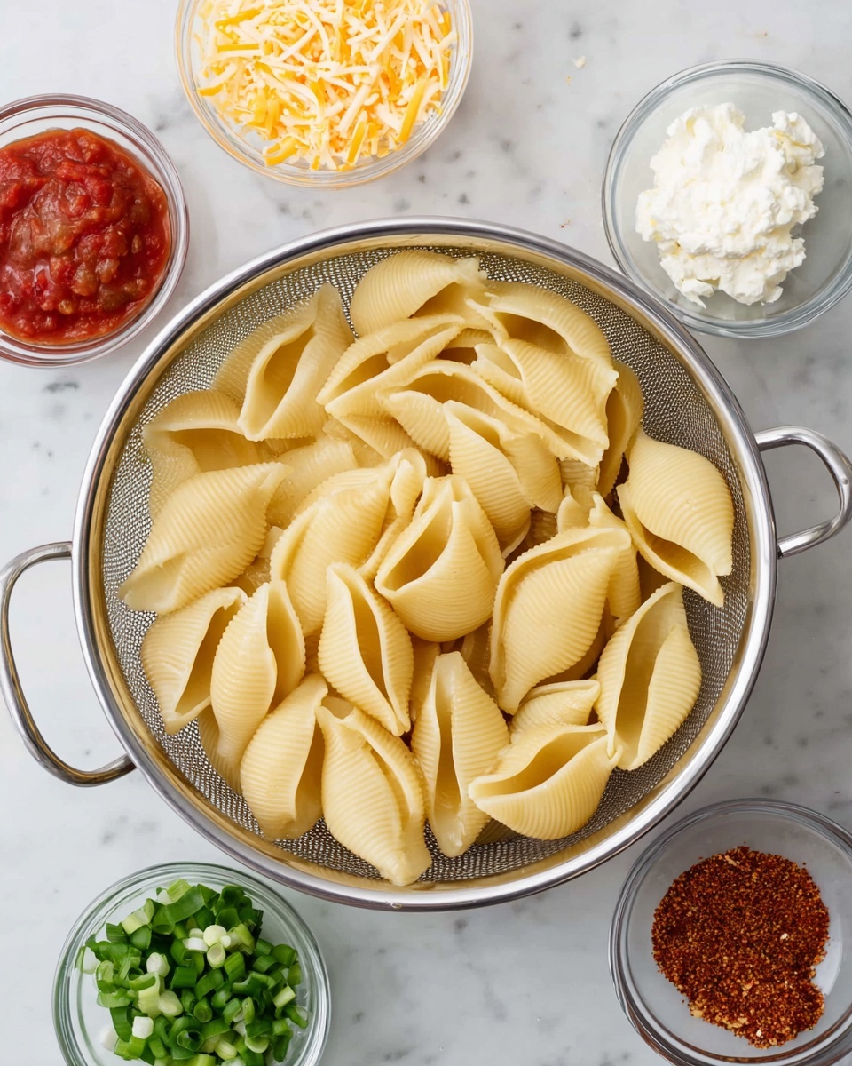 Taco Stuffed Shells Recipe 4 A metal colander filled with cooked large pasta shells sits at the center on a white marbled surface. Around it, there are five small clear glass bowls arranged in a circular manner: one with red salsa at the top left, one with a mix of shredded yellow and white cheese at the top center, one with white cream cheese at the top right, one with finely chopped green onions at the bottom left, and one with reddish-brown spice powder at the bottom right. The pasta shells are pale yellow with a smooth texture and slightly curved edges. Photo taken with an iphone --ar 4:5 --v 7