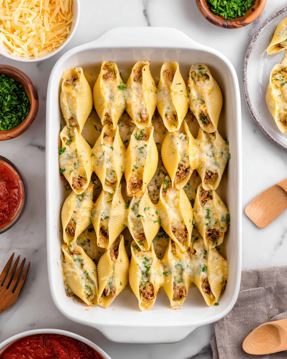 Taco Stuffed Shells Recipe 5 This image shows a white rectangular dish filled with 20 stuffed pasta shells arranged neatly in four rows of five. Each shell is pale yellow with a ridged texture, partially open at the top to reveal a brown filling mixed with melted cheese and small green herbs. The cheese topping is light yellow and melted, slightly crispy on the edges. The dish is placed on a white marbled surface. Surrounding the dish are small white bowls with shredded cheese, chopped green herbs, and a red tomato sauce. A wooden spoon lies next to the dish, and a woman's hand is seen holding a fork over a grey plate in the corner. photo taken with an iphone --ar 4:5 --v 7