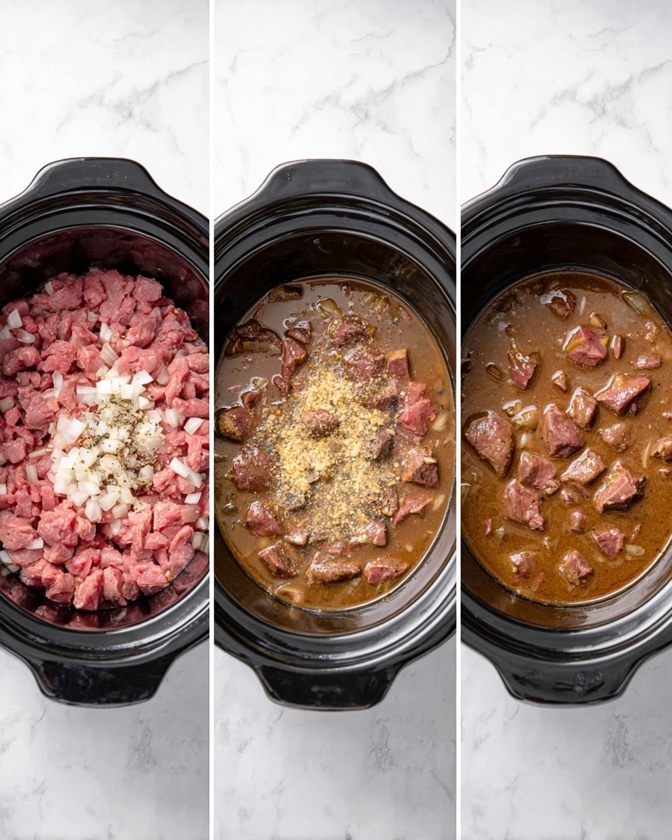 The image shows three side-by-side views of a black slow cooker on a white marbled surface. The first view shows raw, pink pieces of meat mixed with chopped white onions, light brown and beige powders, some minced garlic, and scattered black pepper, all arranged loosely in the bottom of the cooker. The second view has the same raw pink meat pieces now covered partially by a thin layer of light brown liquid with visible small onion pieces and garlic bits spread on top. The third view shows the meat fully cooked in a rich, thick brown sauce that fills the cooker almost to the rim, with chunks of tender meat evenly covered and visible throughout the sauce. photo taken with an iphone --ar 4:5 --v 7