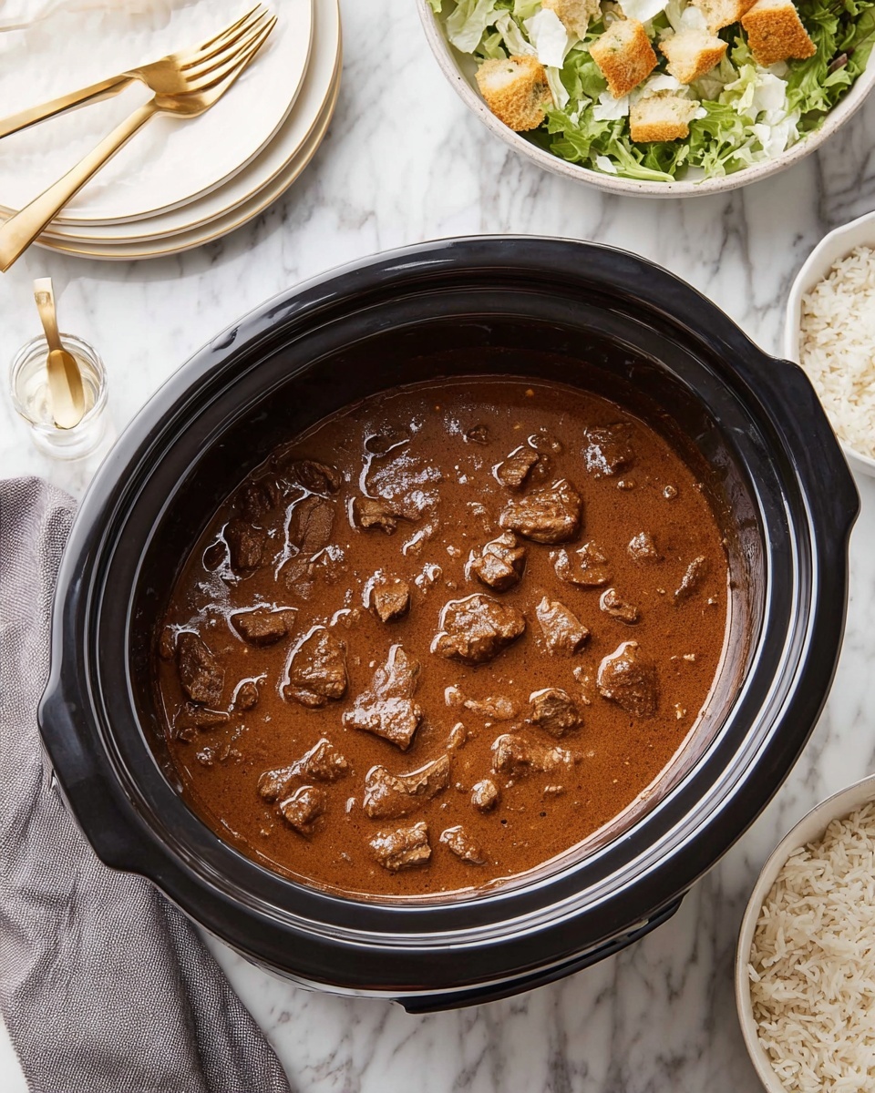 In the image, a large black slow cooker holds a thick brown stew with visible chunks of meat spread evenly on the surface. The stew shows a smooth, slightly shiny texture with rich brown hues. Surrounding the cooker is a white marbled surface with a neatly folded gray cloth on the left side and white dishes around it, including a white plate with golden forks, a white bowl with green salad topped with croutons, and a white bowl filled with plain white rice. Photo taken with an iphone --ar 4:5 --v 7